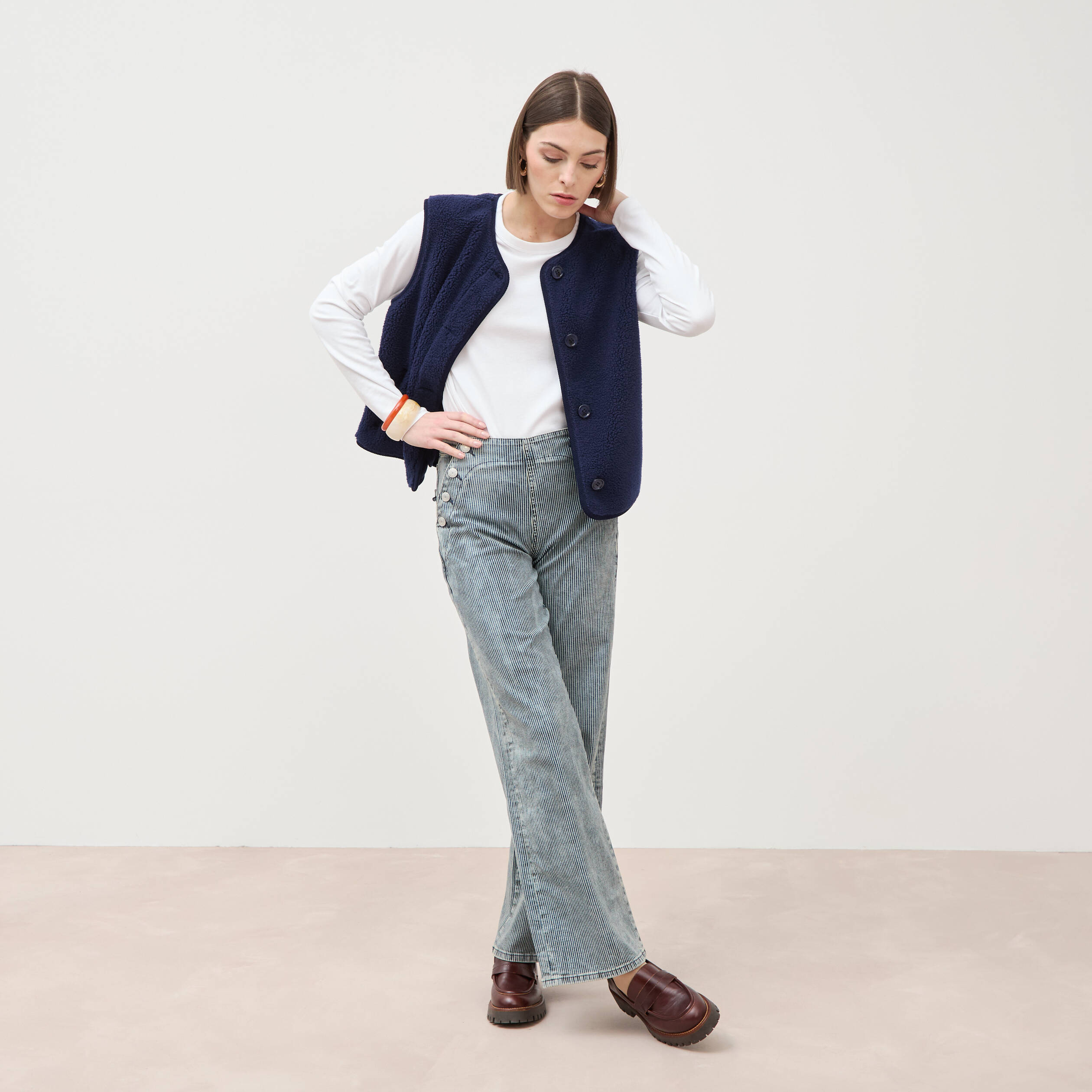 Pantalon large &agrave; pont taille haute denim used femme
