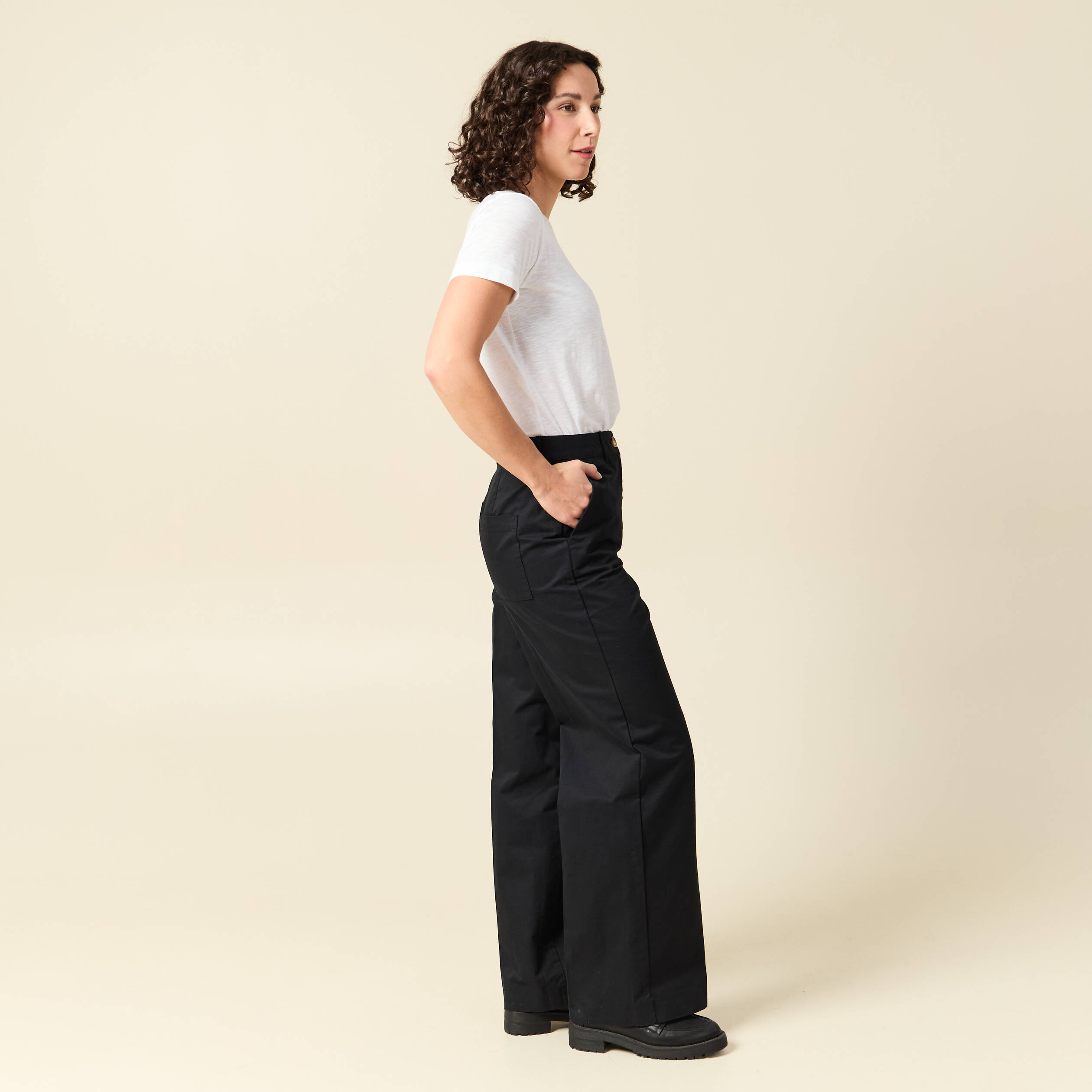 Pantalon large cropped taille haute noir femme