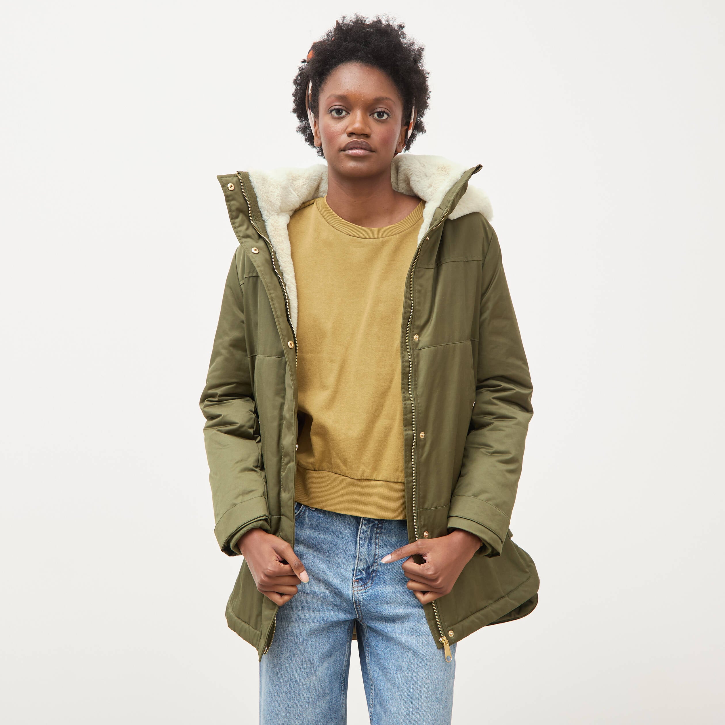 Parka droite &agrave; capuche vert kaki femme