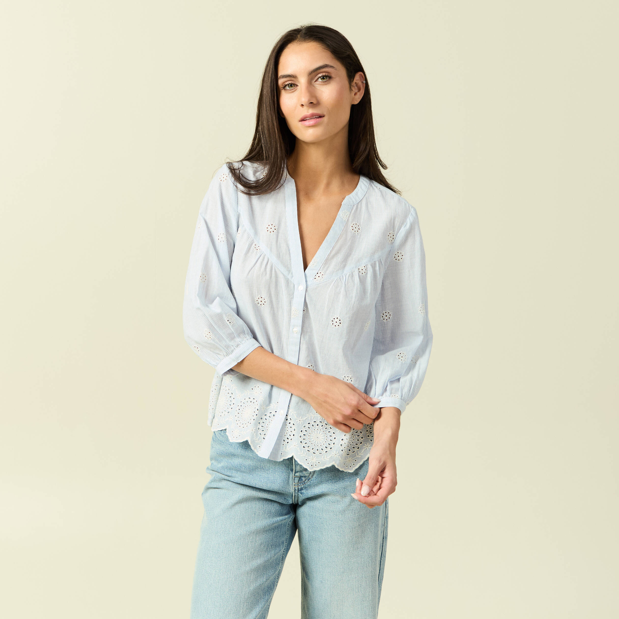 Chemise col tunisien manches 3/4 blanc femme
