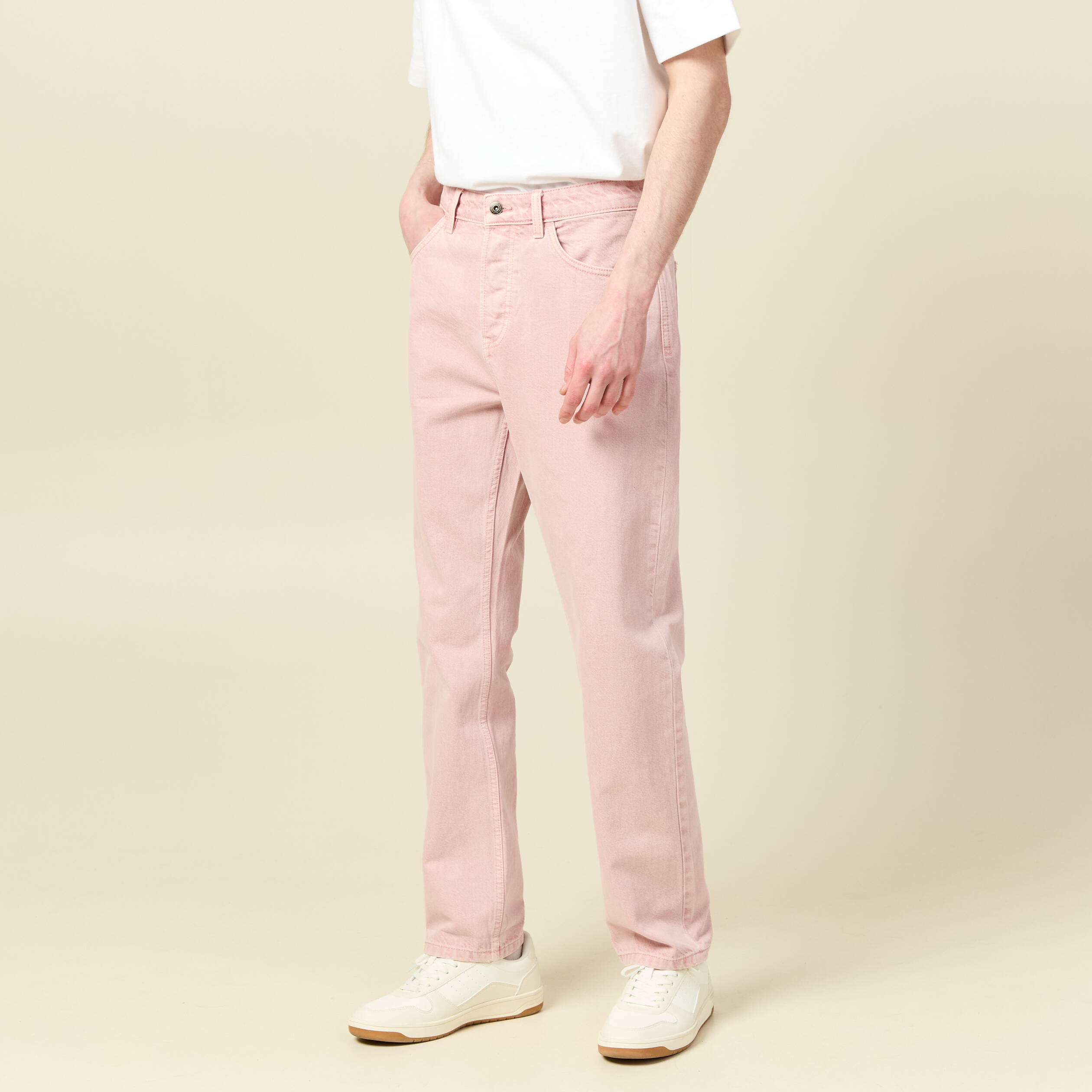 Jeans straight longueur 32 en coton rose homme