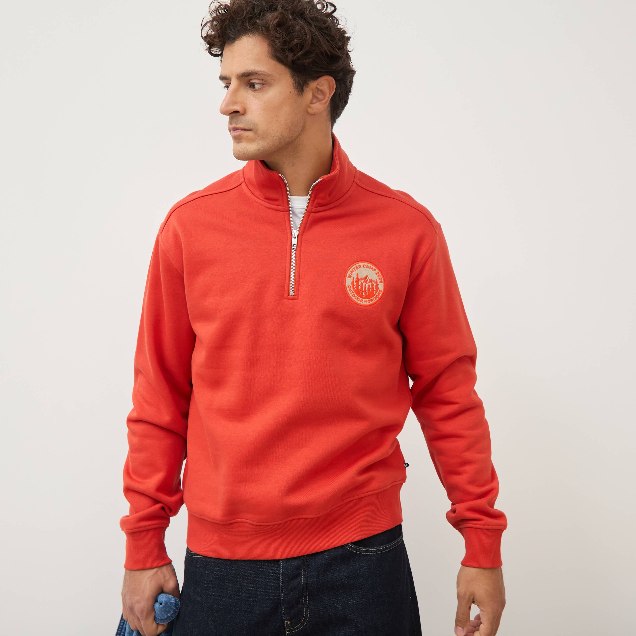 Sweat col camionneur manches longues orange fonc&eacute; homme