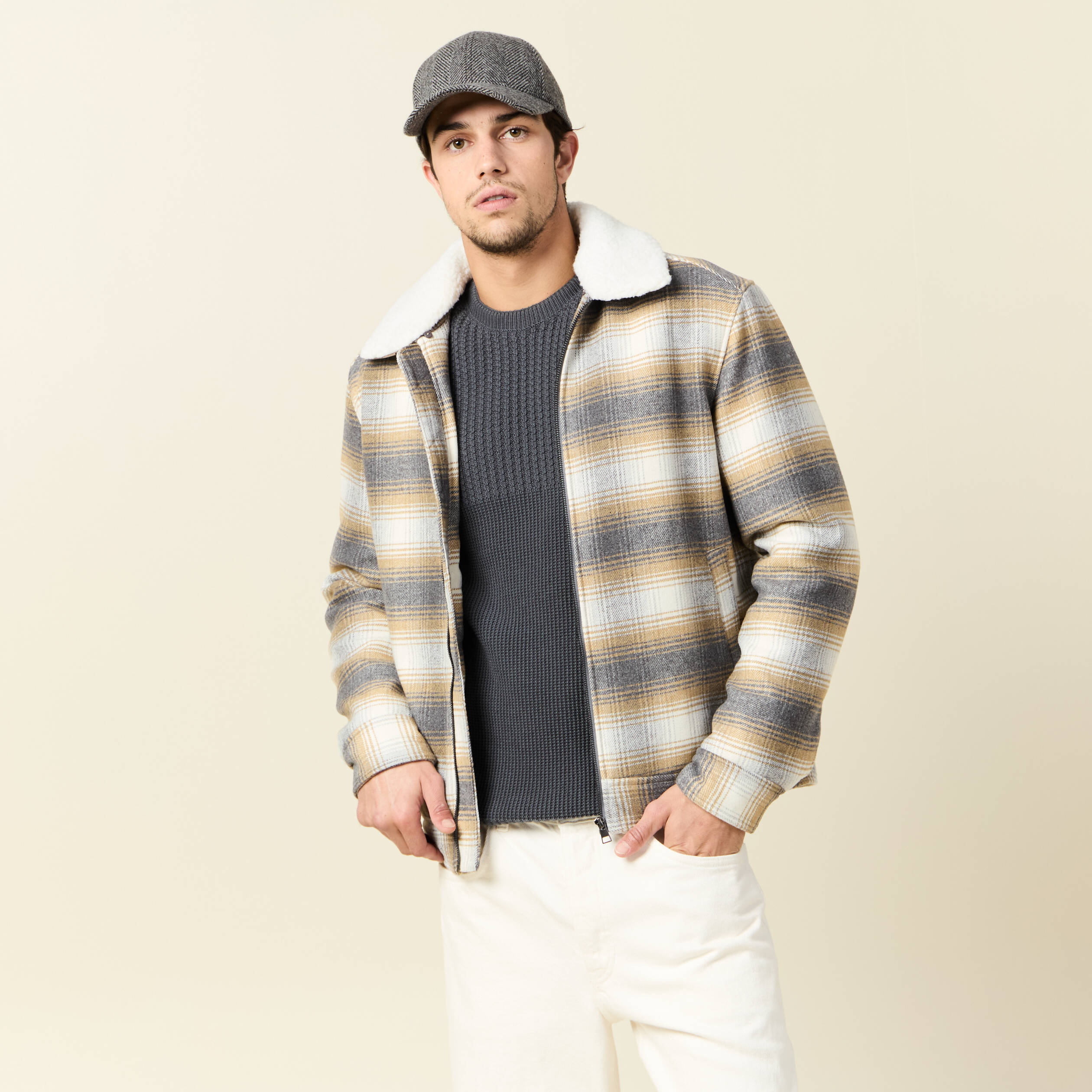 blouson zippe col aviateur gris fonce homme Blouson zippé col aviateur gris foncé homme