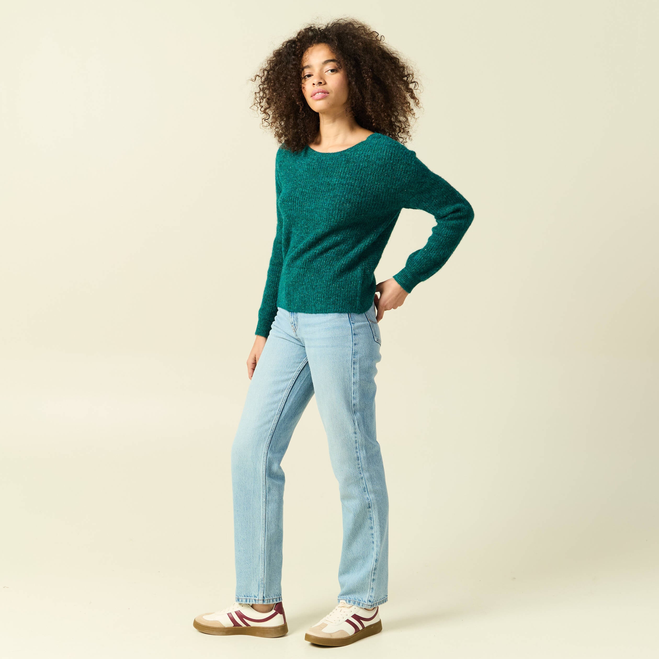 Pull r&eacute;versible manches longues col rond vert femme
