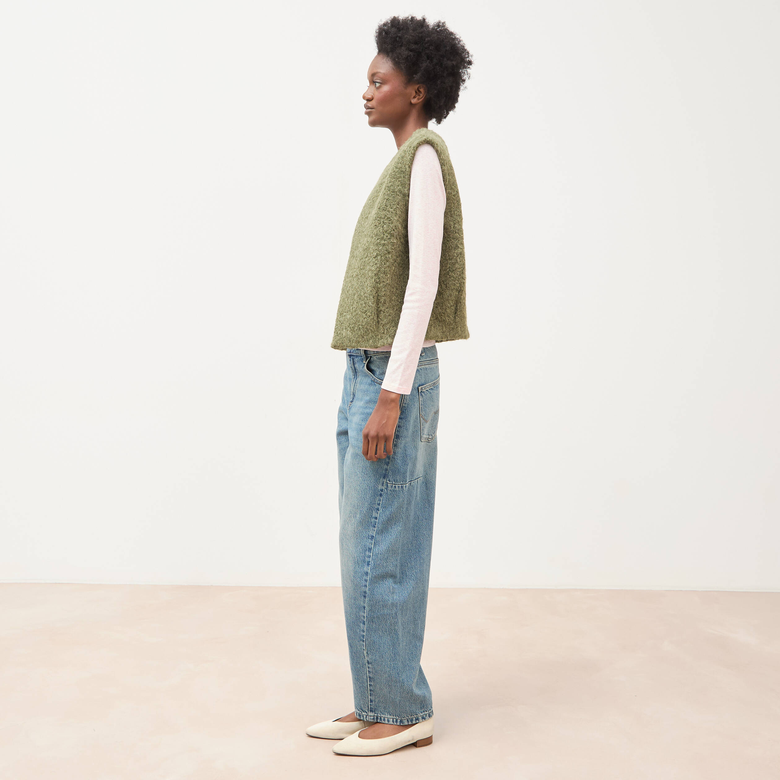 Gilet droit sans manches col rond vert kaki femme