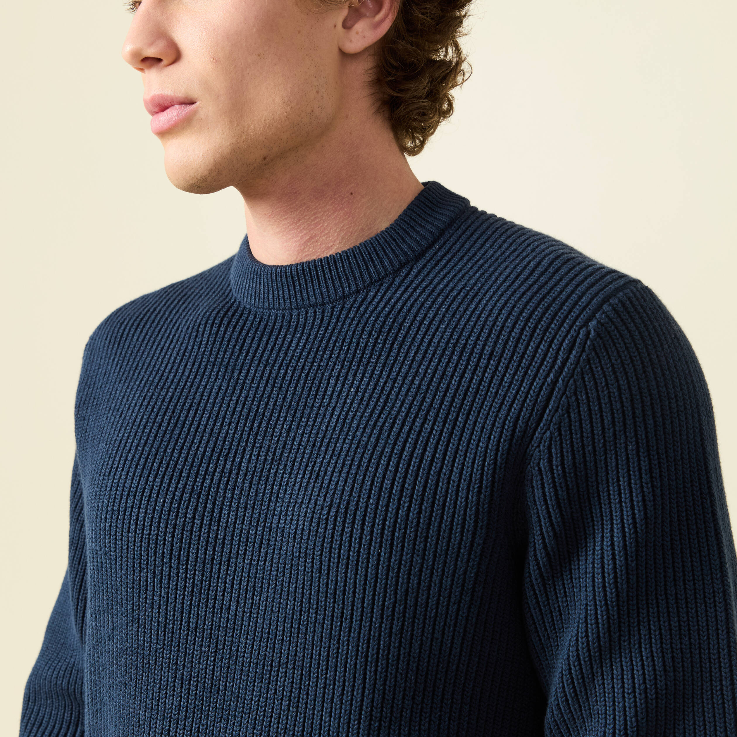 Pull fin manches longues col rond bleu marine homme