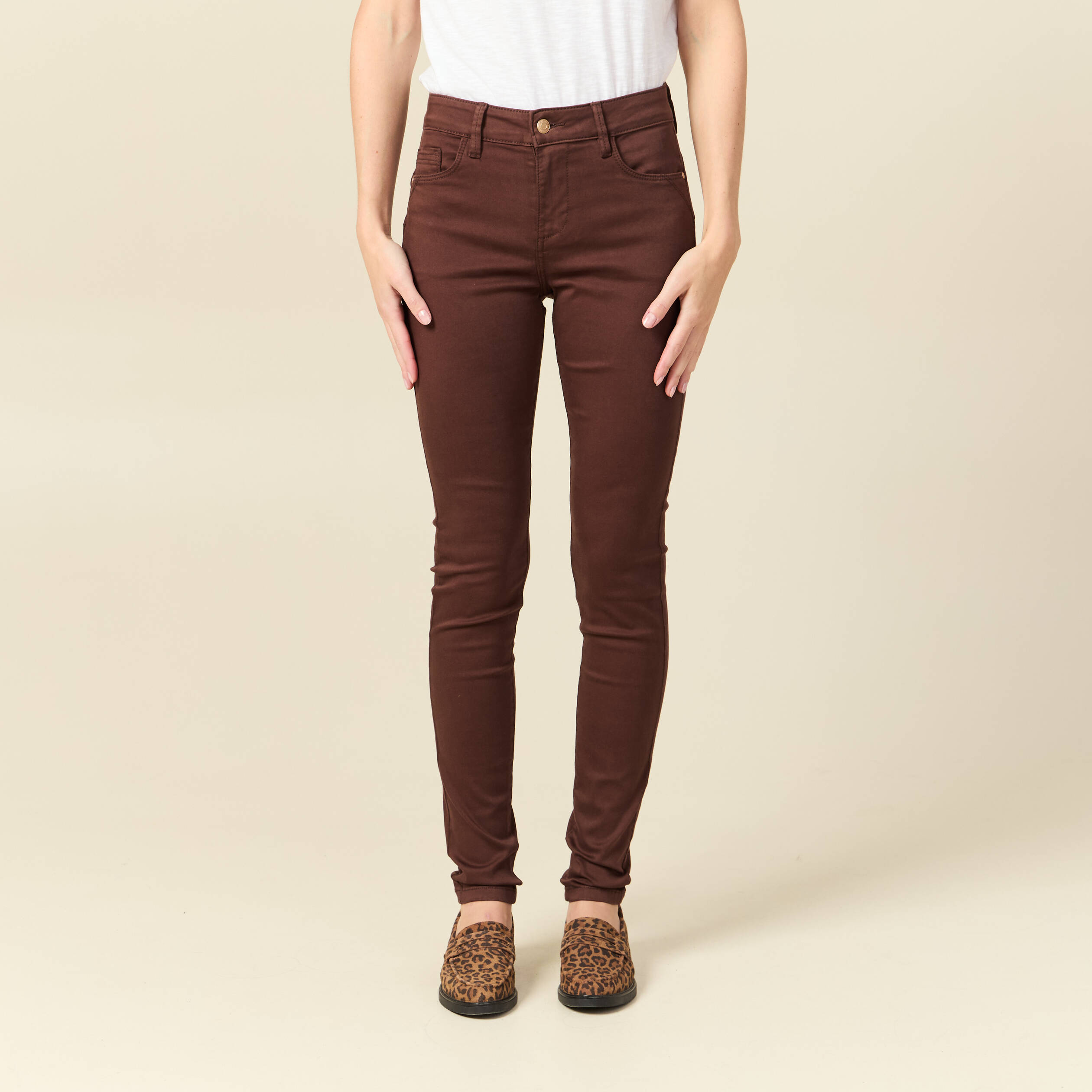 Pantalon skinny push-up taille standard marron fonc&eacute; femme