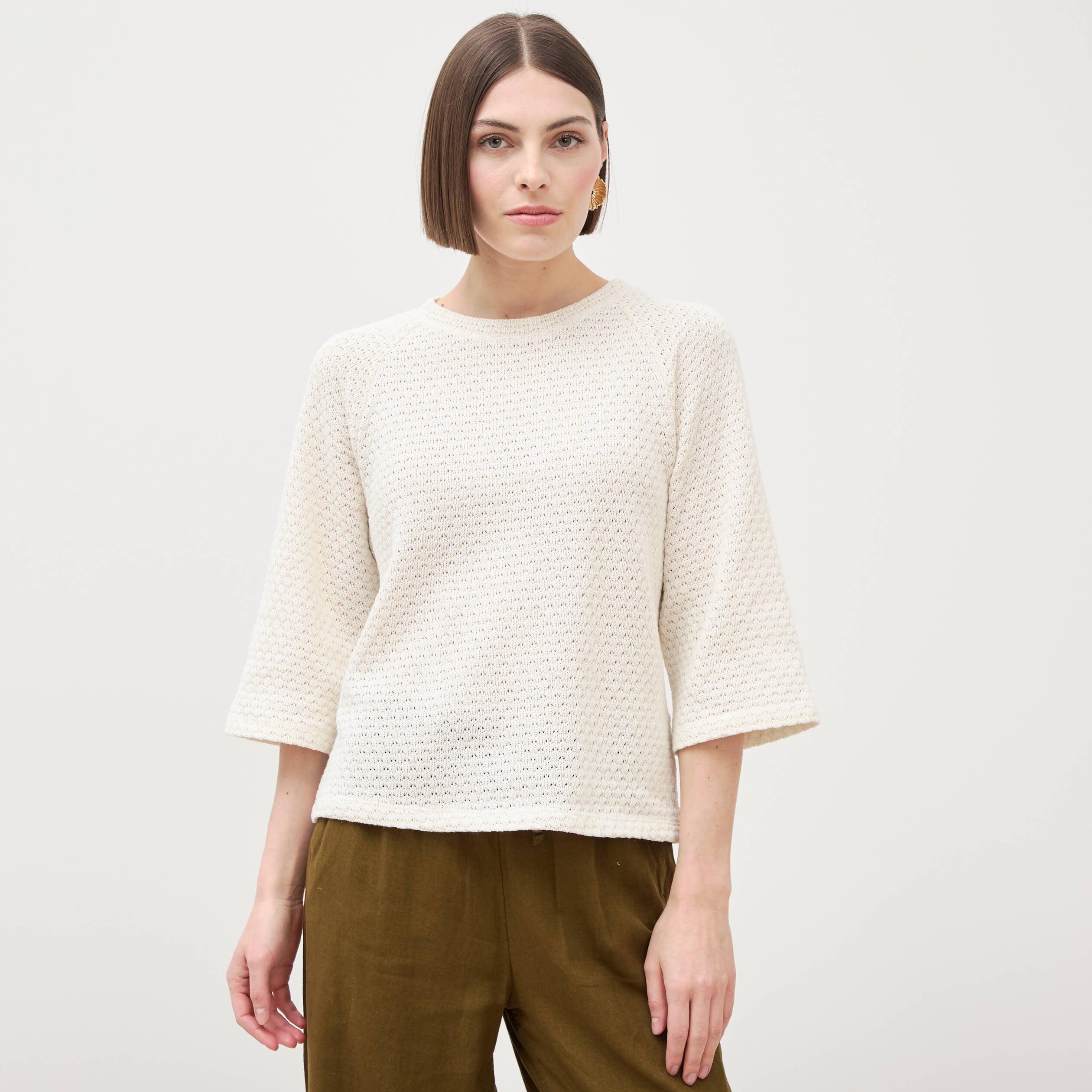 Sweat col rond manches 3/4 brillant ecru femme
