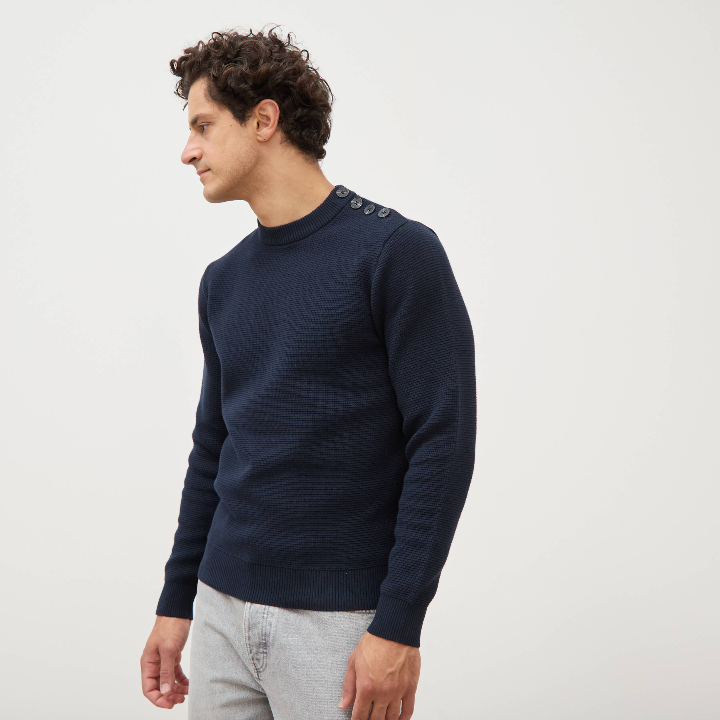 Pull manches longues col rond bleu marine homme