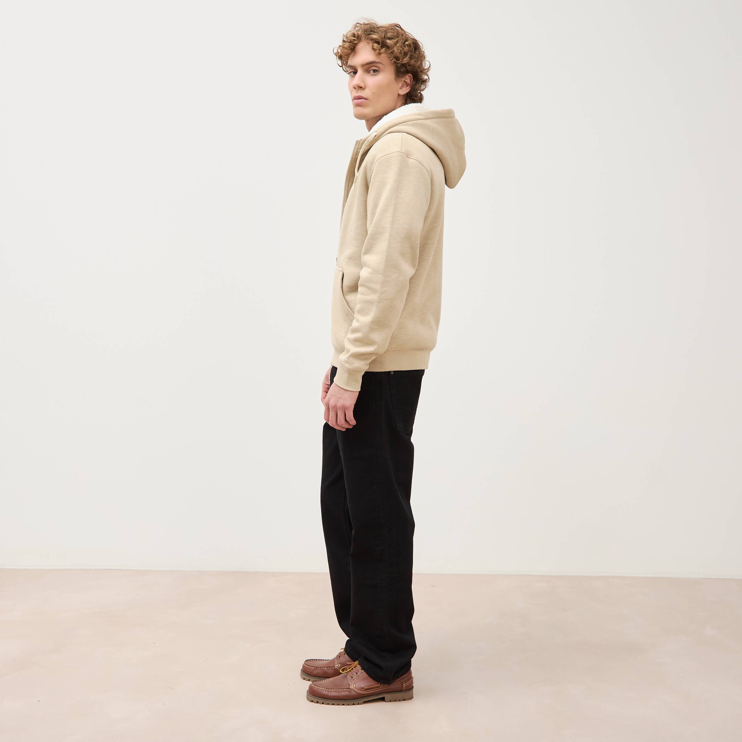 Sweat manches longues zipp&eacute; beige homme