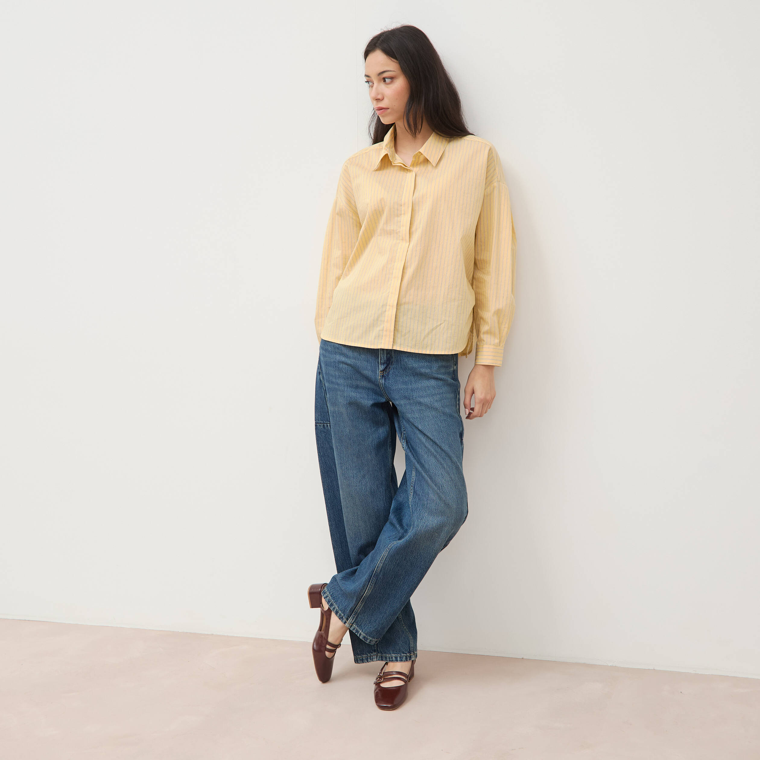 Chemise ample manches longues jaune citron femme