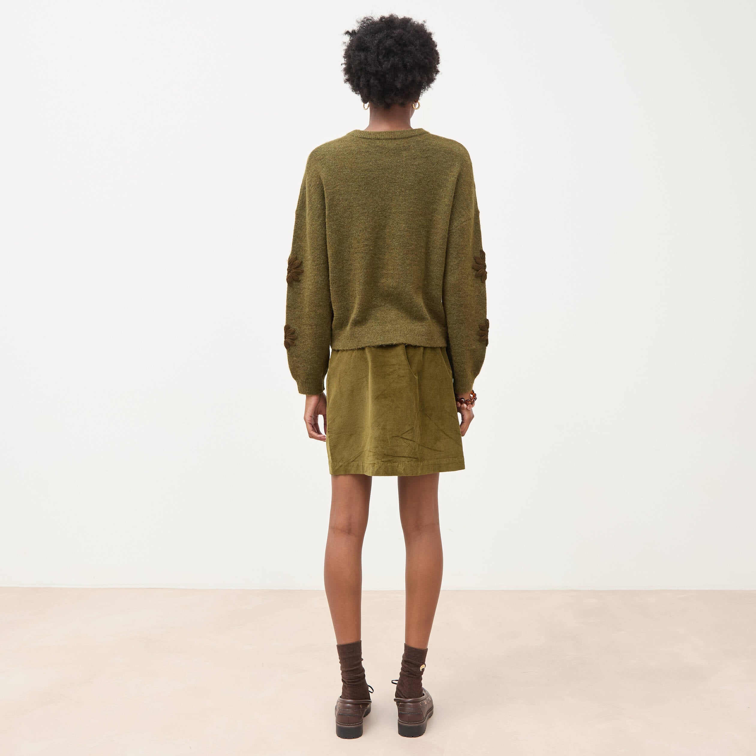 Pull manches longues col rond vert olive femme