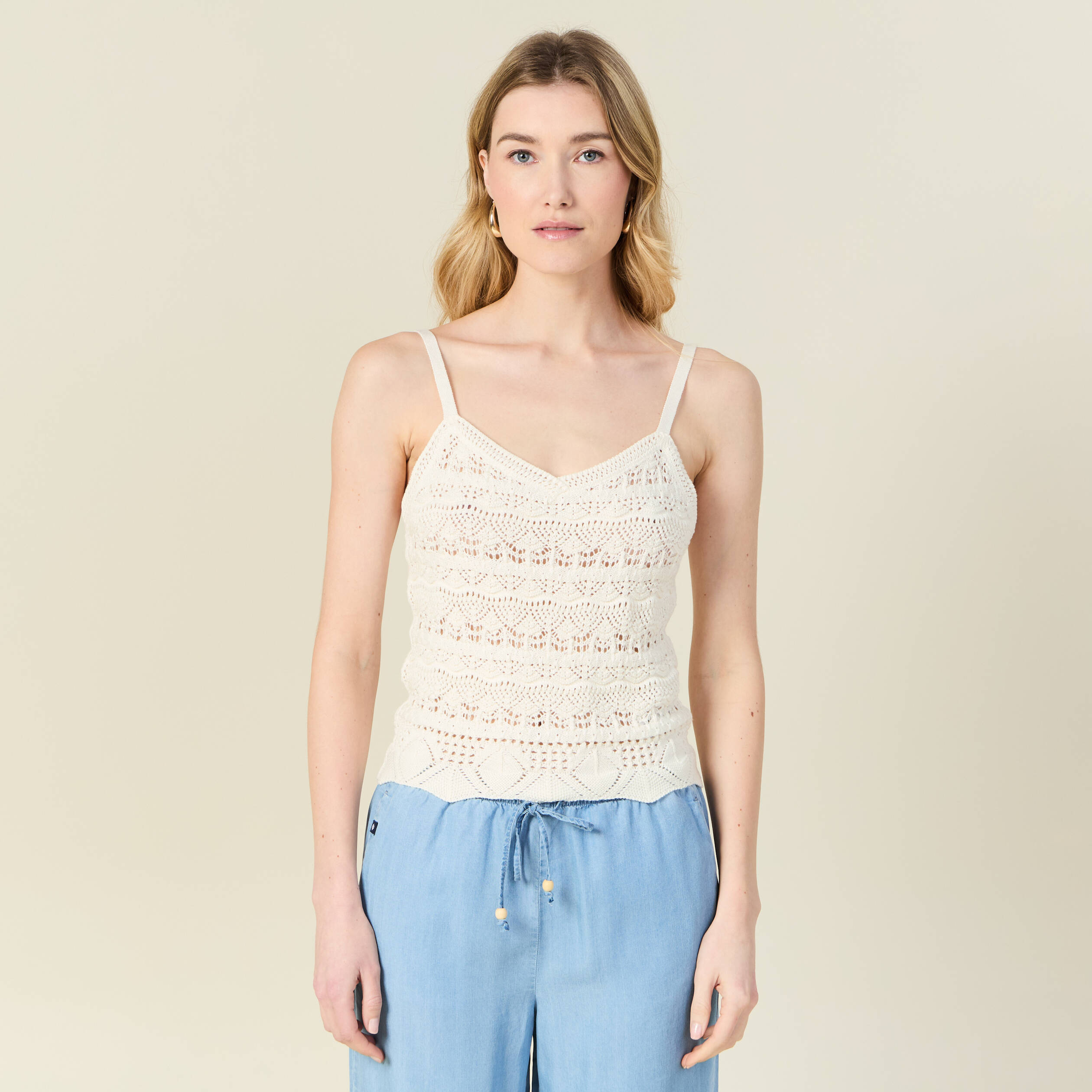 debardeur tricot ajoure creme femme Débardeur tricot ajouré creme femme