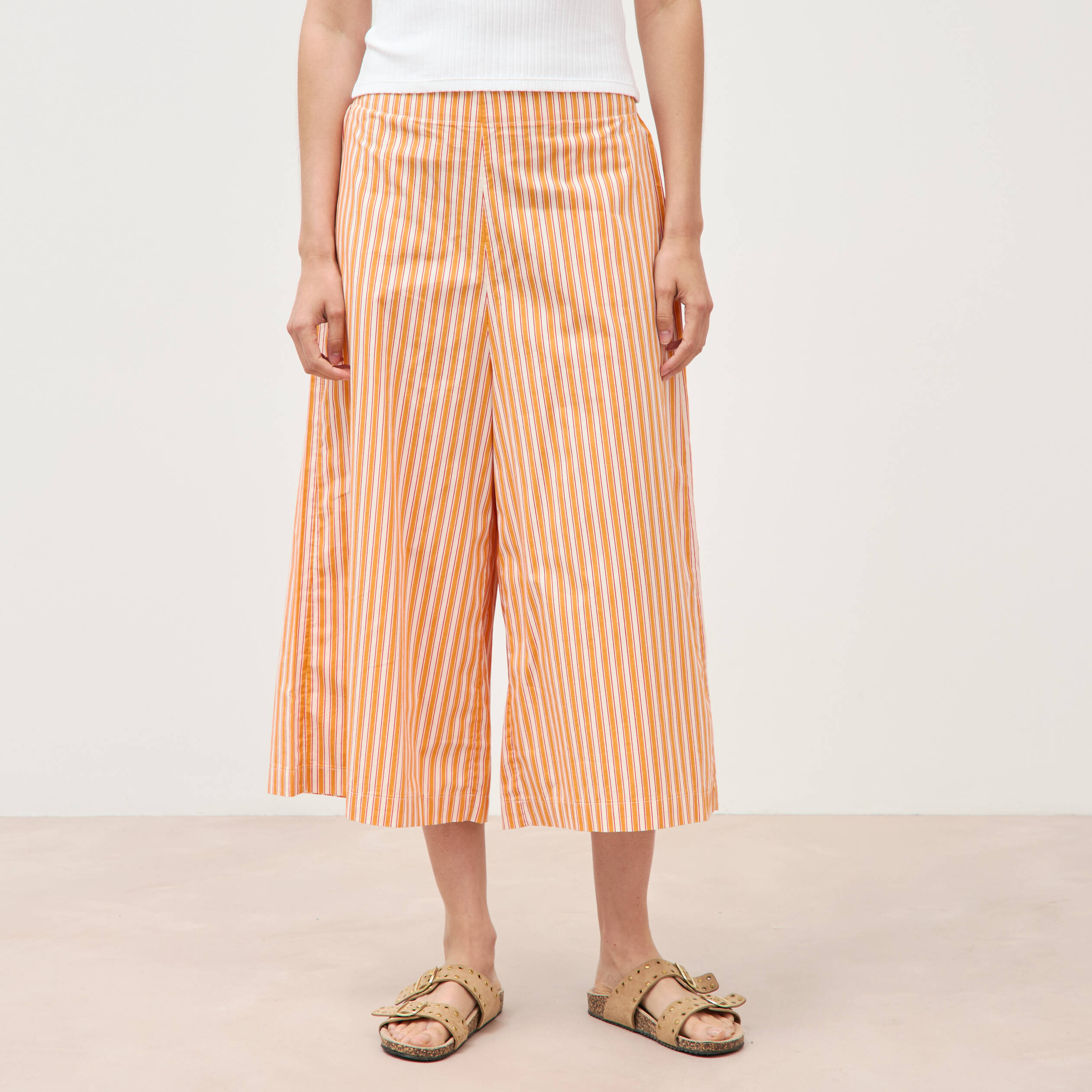 Pantalon large taille haute 3/4 en coton orange abricot femme