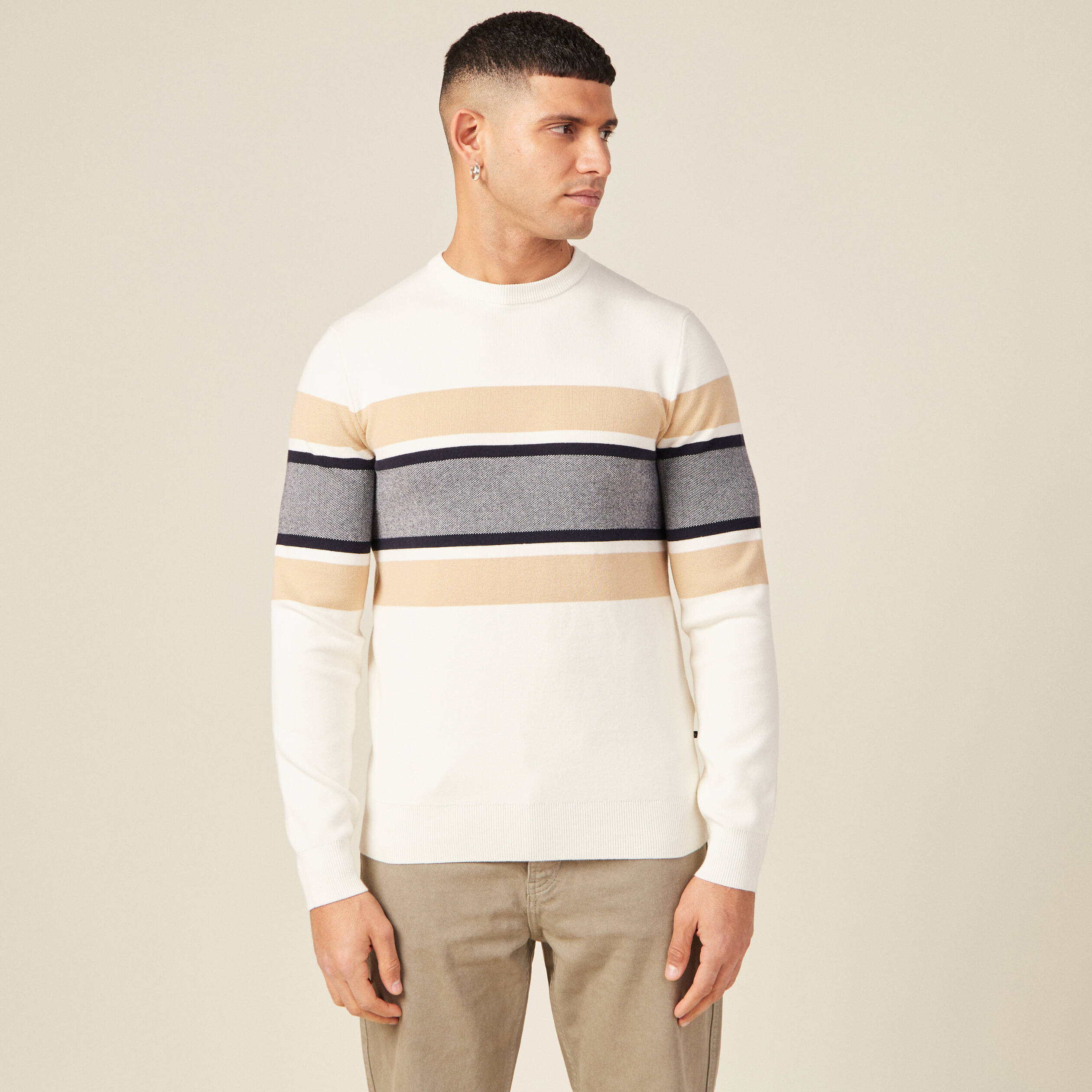 Pull fin col rond manches longues ecru homme