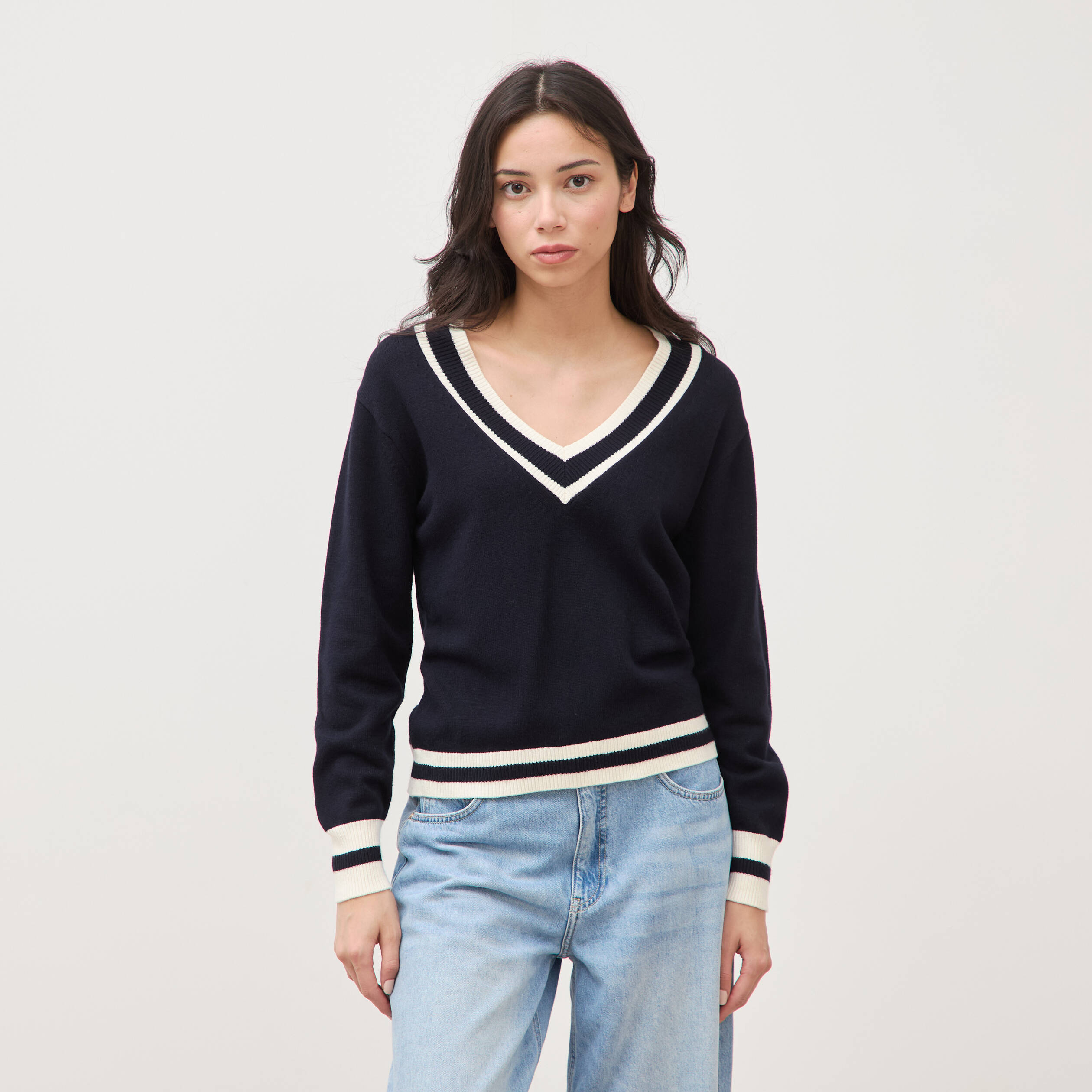 Pull manches longues bleu fonc&eacute; femme