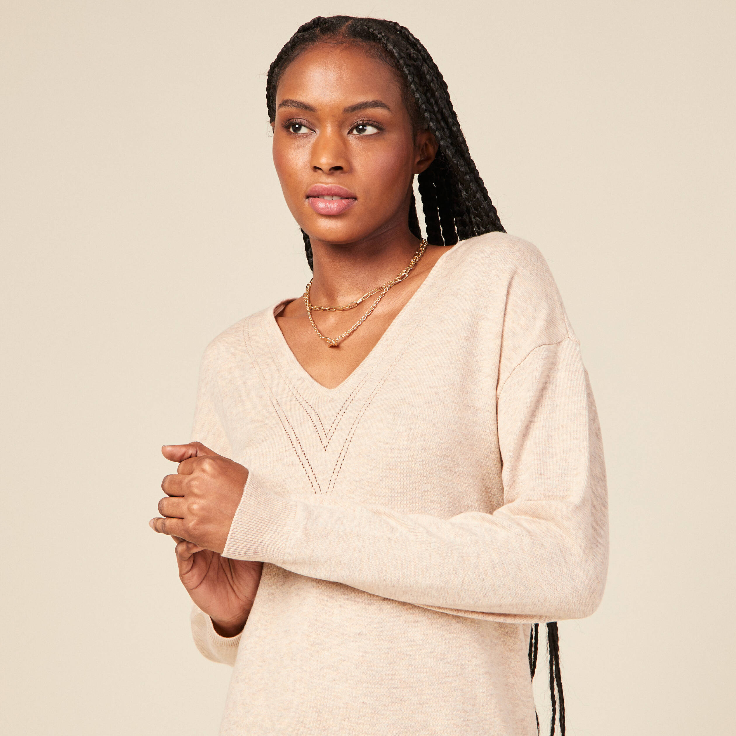 Robe cintr&eacute;e col v manches 3/4 creme femme