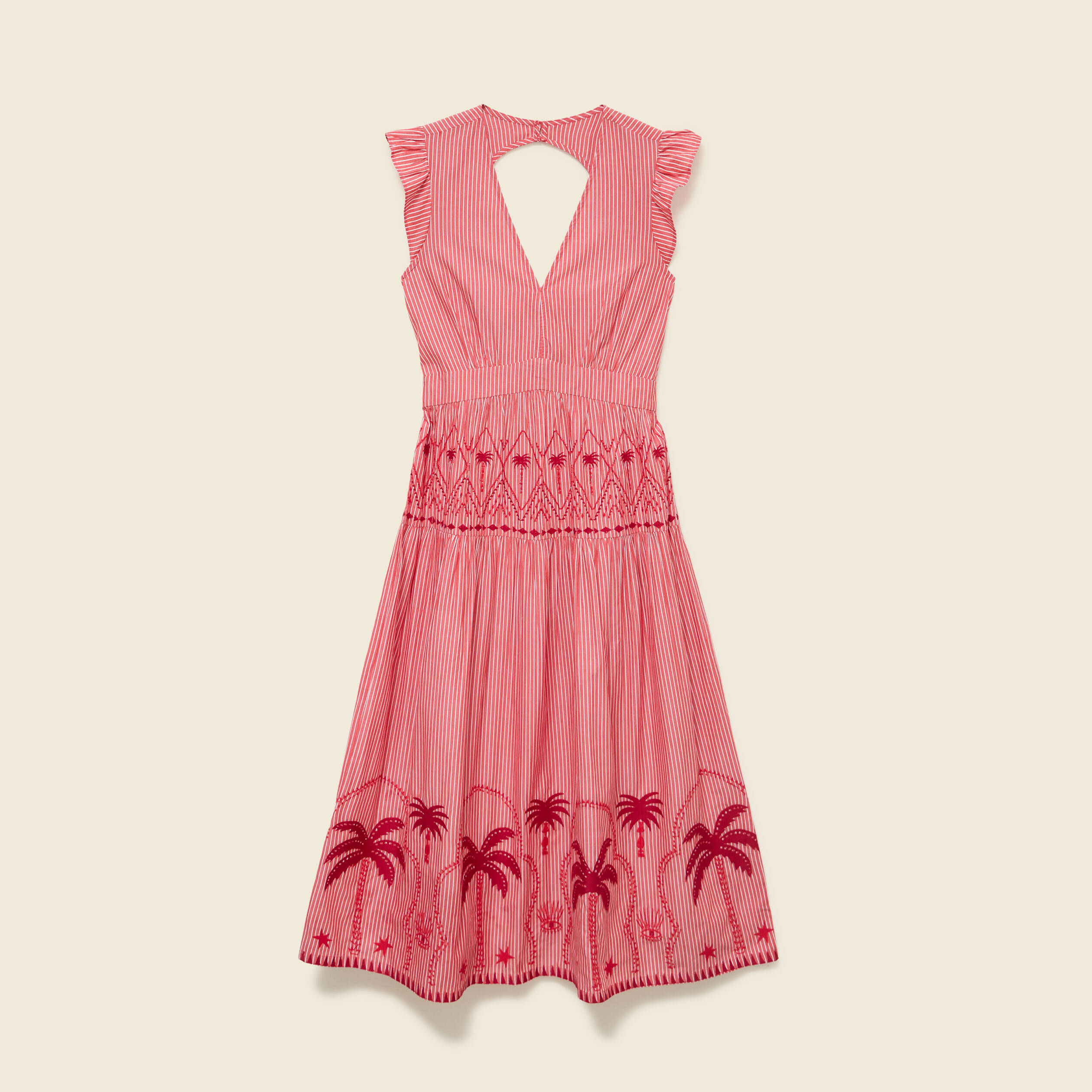 Robe col v manches volantes en coton rouge femme