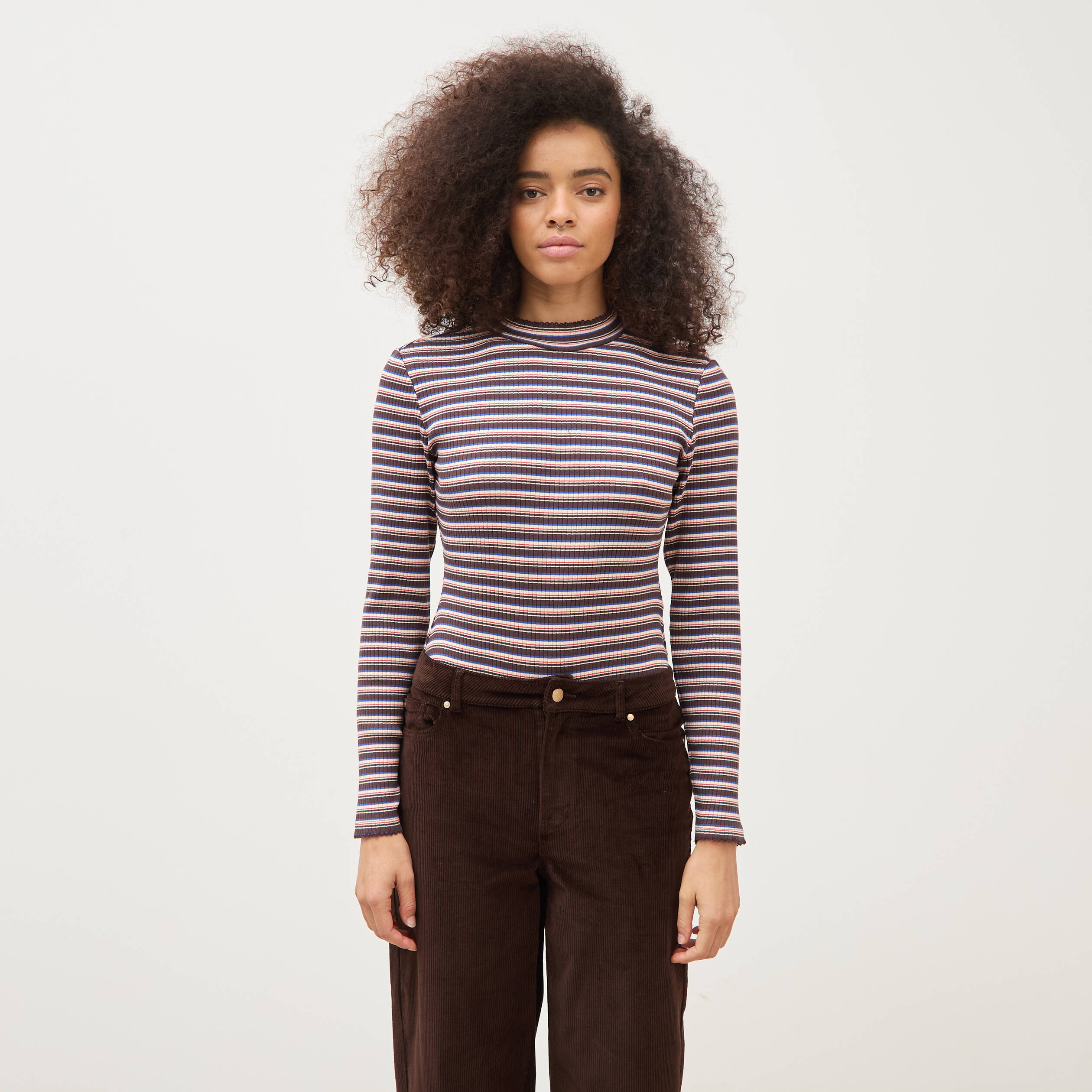 Body ray&eacute; col montant manches longues marron femme