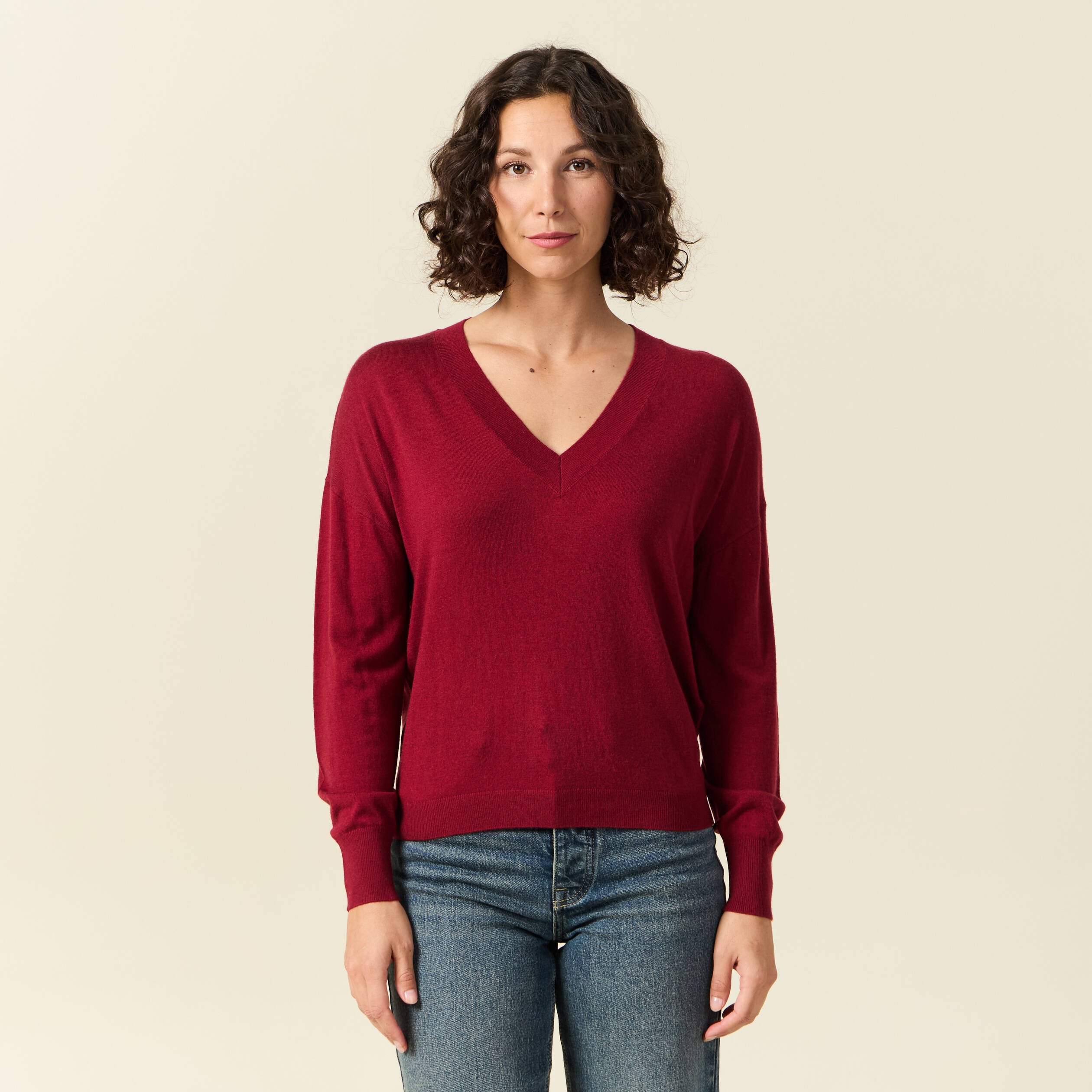 Pull fin col V manches longues rouge femme Vibs