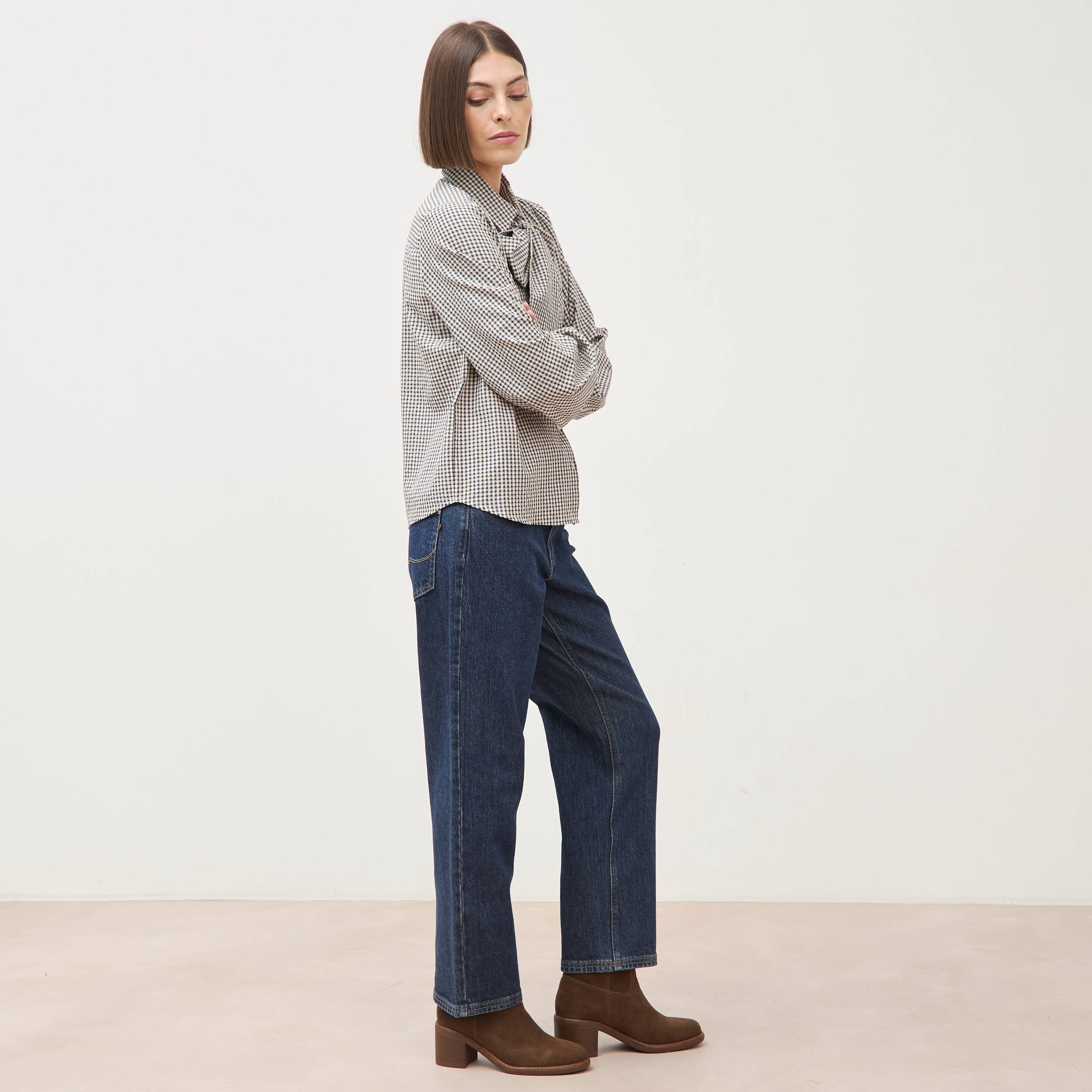 Chemise vichy droite manches longues bleu femme