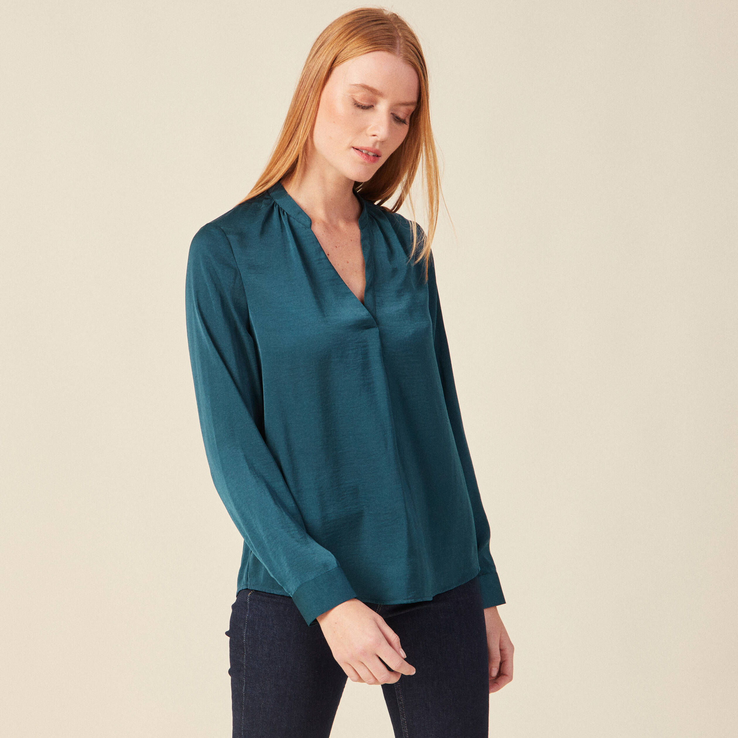 Blouse manches longues bleu canard femme
