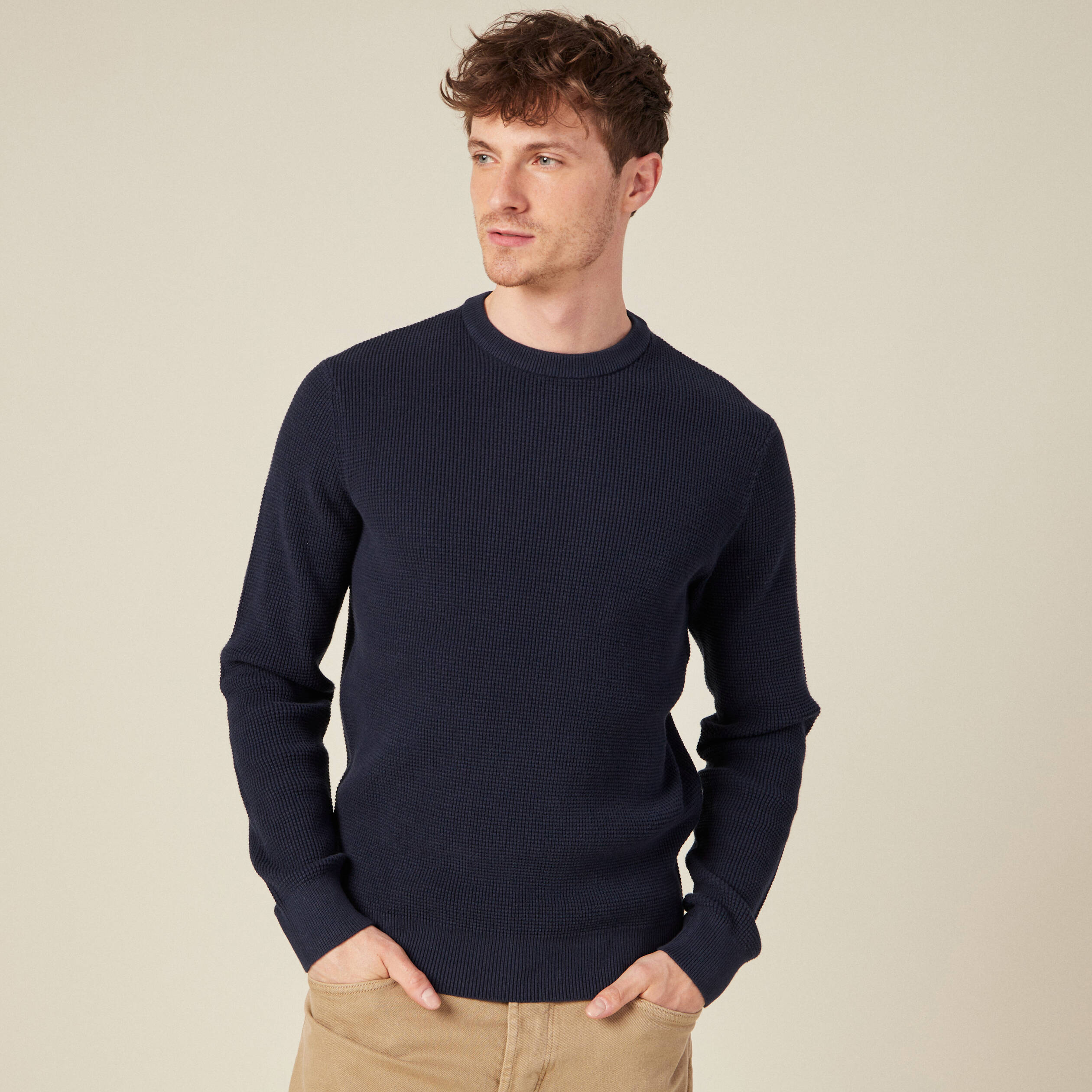 Pull manches longues col rond bleu foncé homme