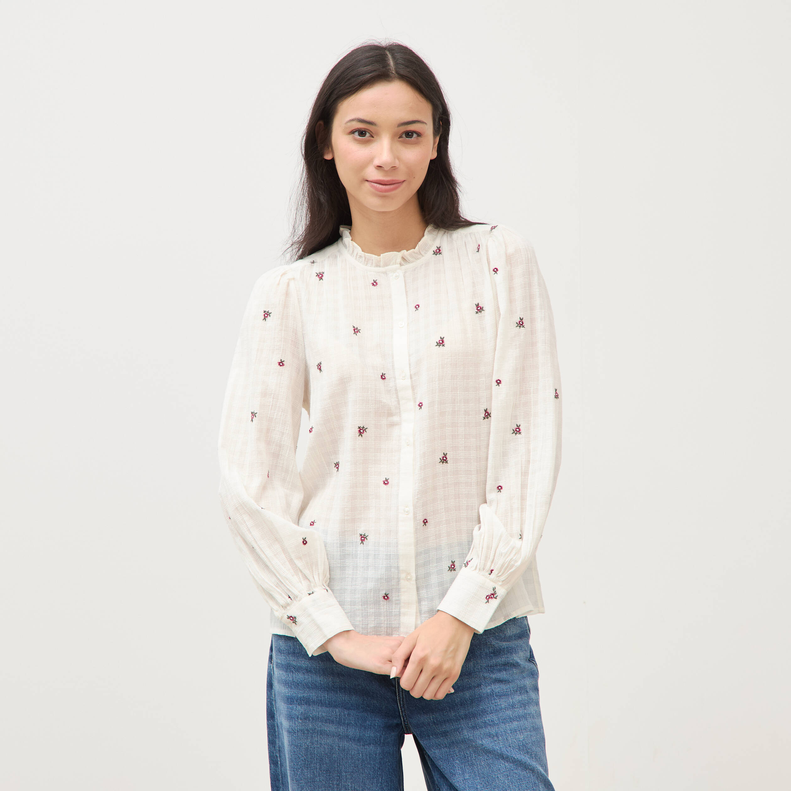 Chemise manches longues en coton brod&eacute;e blanc femme