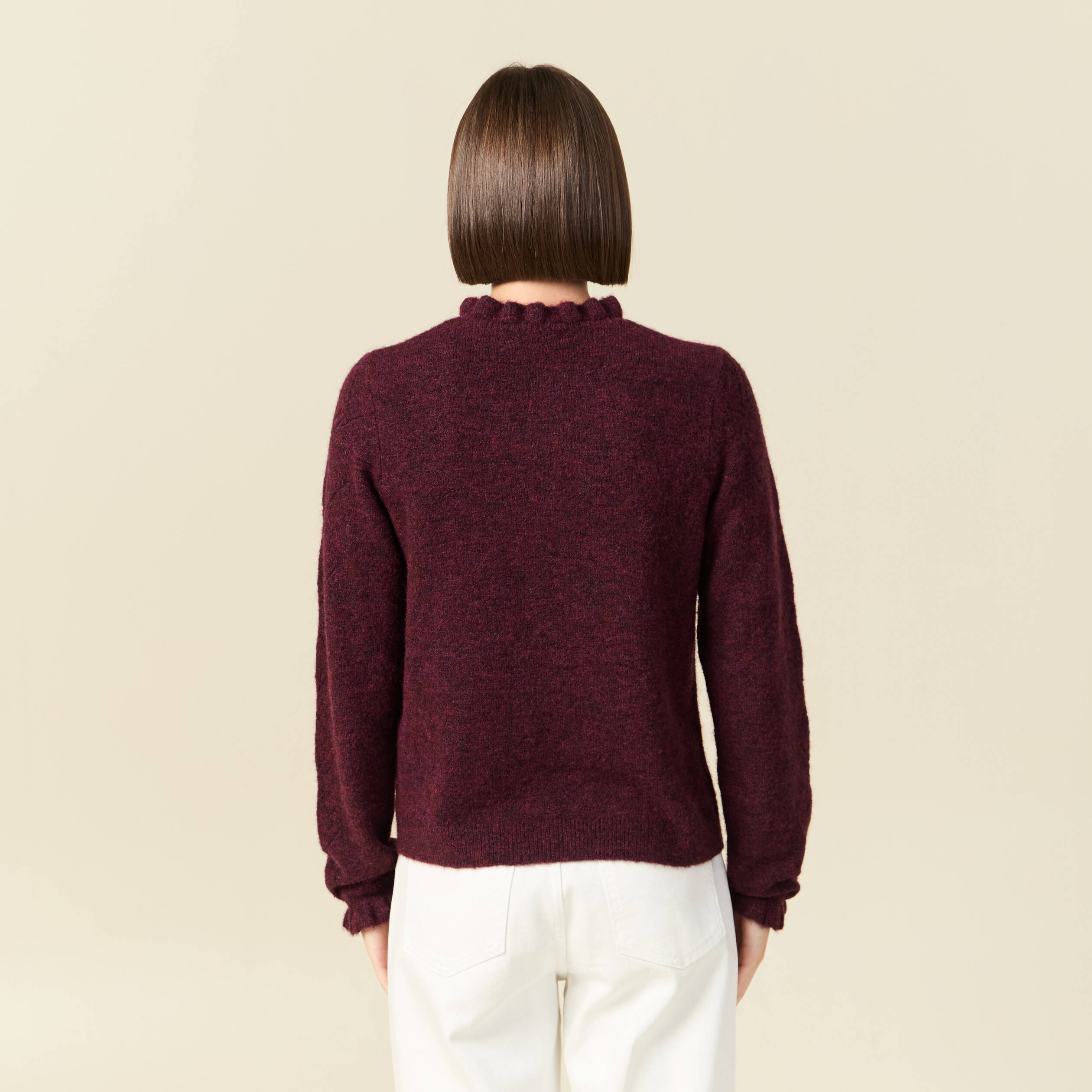 Pull col montant manches longues bordeaux femme