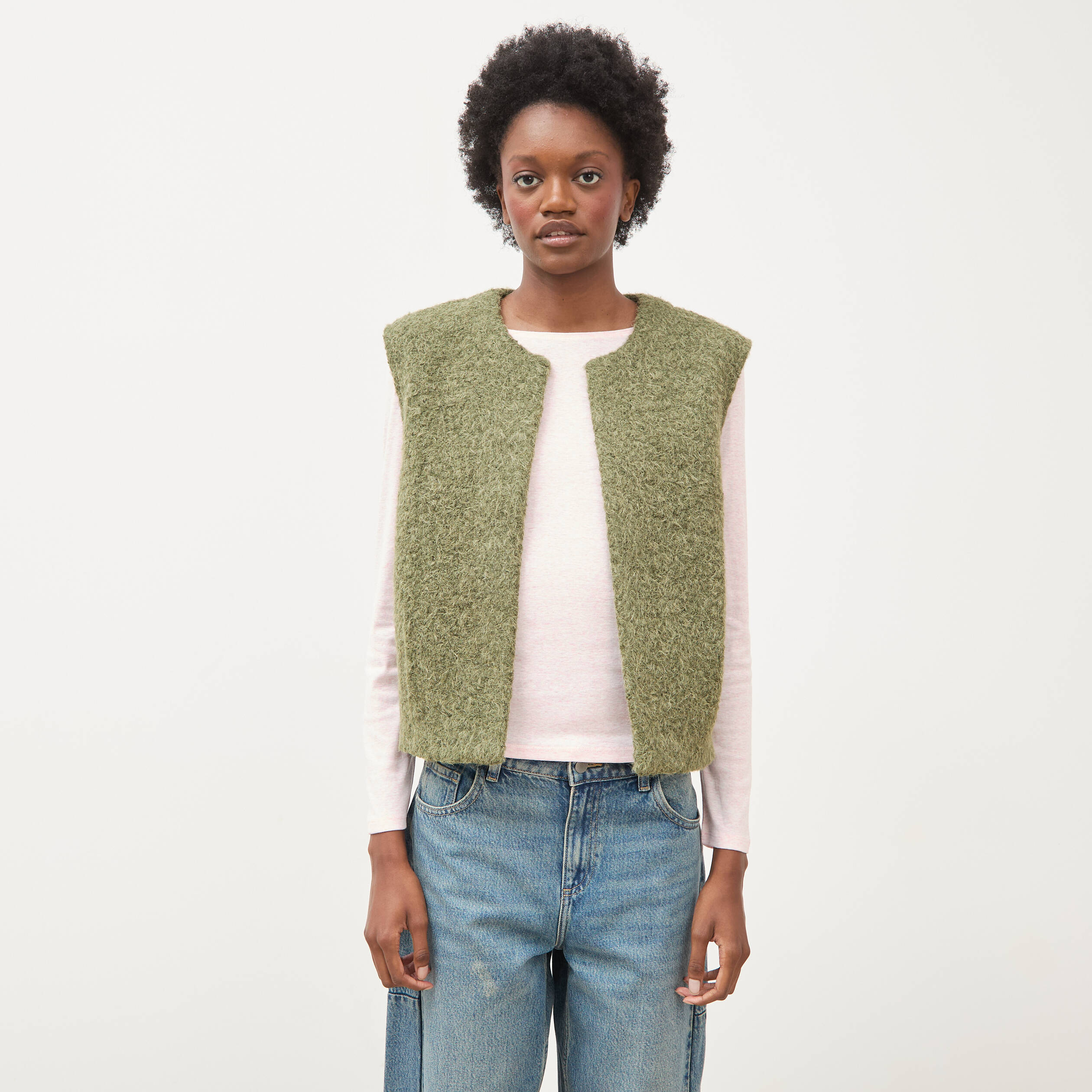Gilet droit sans manches col rond vert kaki femme