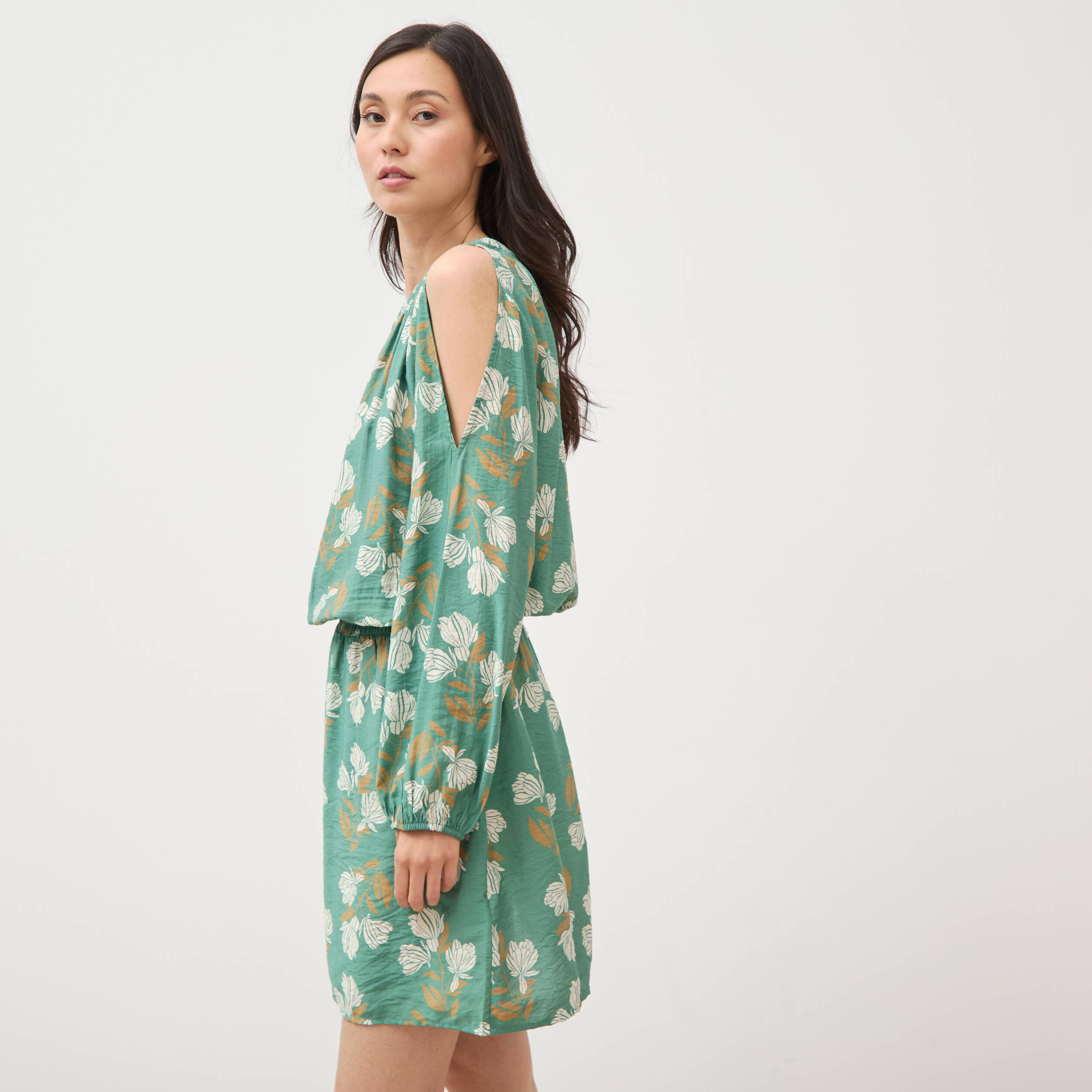 Robe manches longues col rond vert &eacute;meraude femme
