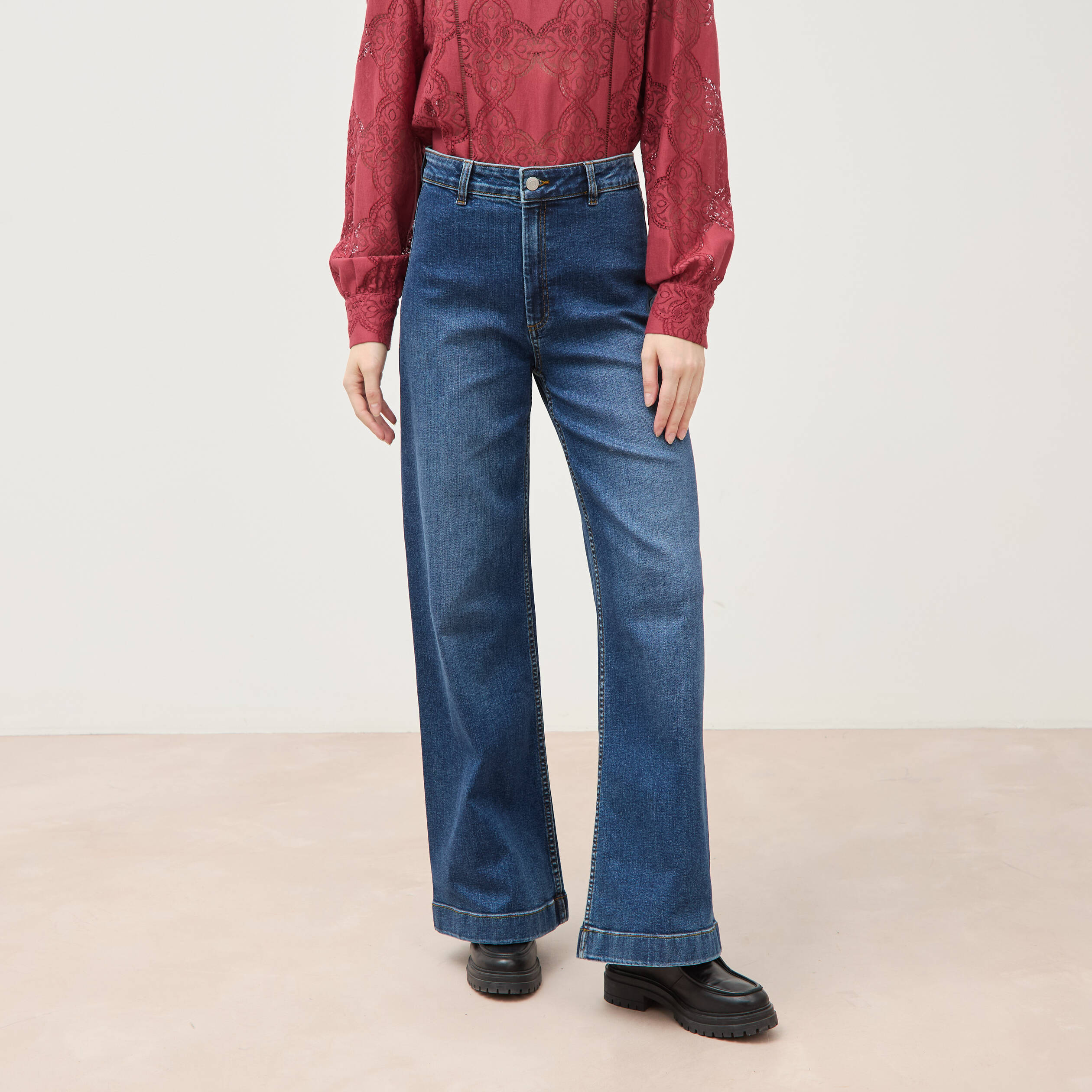 Jeans large taille haute denim stone femme