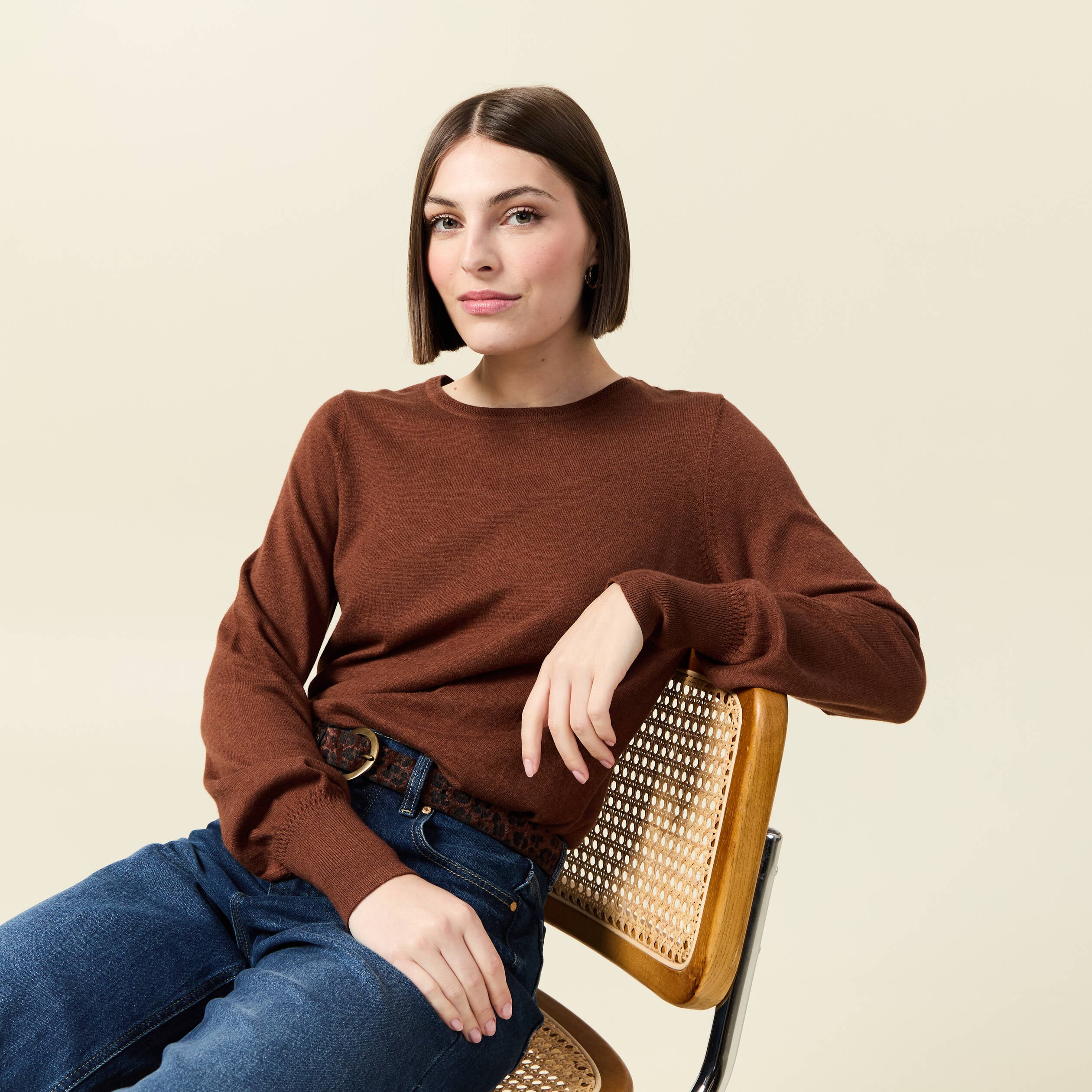 Pull manches longues marron fonc&eacute; femme