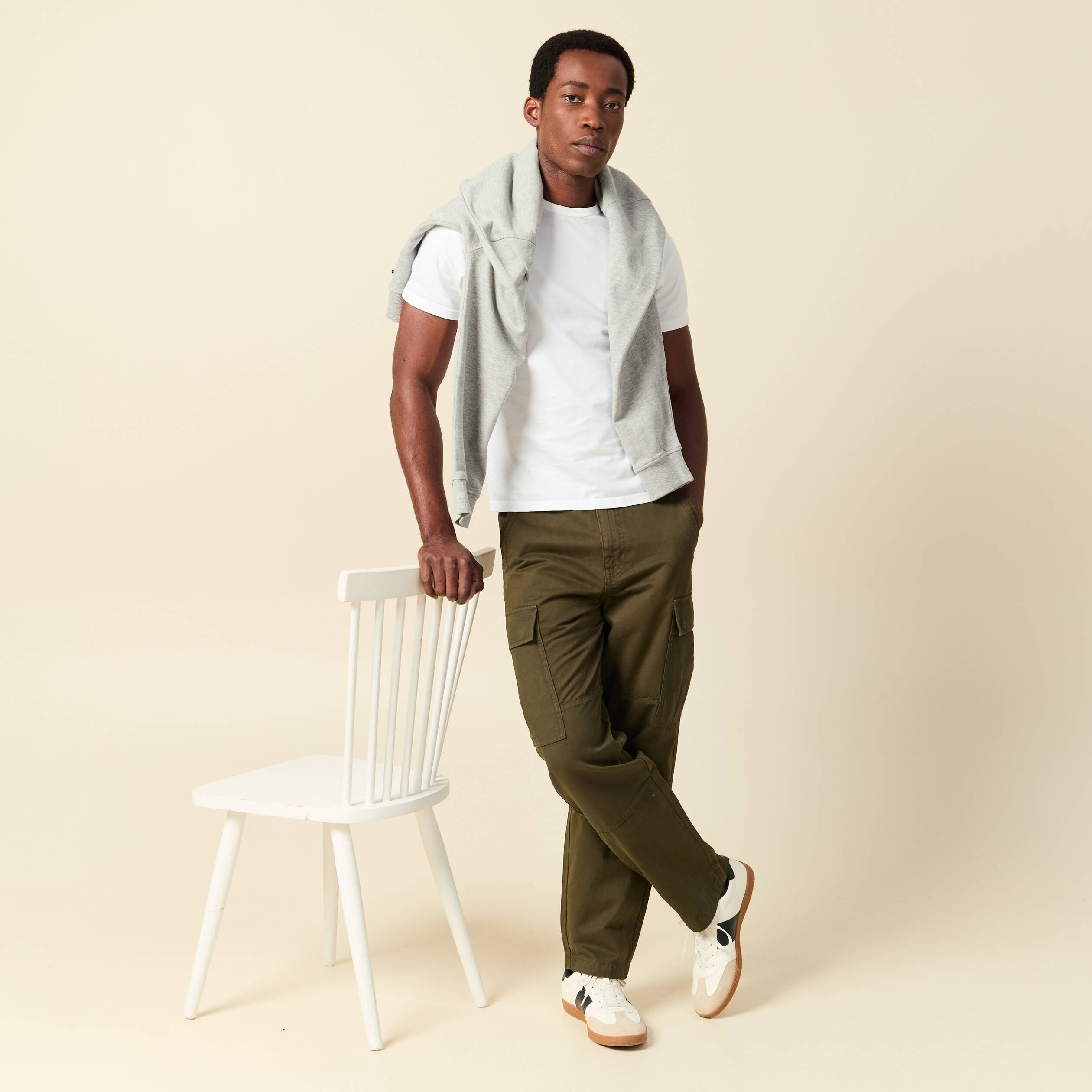 Pantalon cargo battle bi-mati&egrave;re coton vert kaki homme