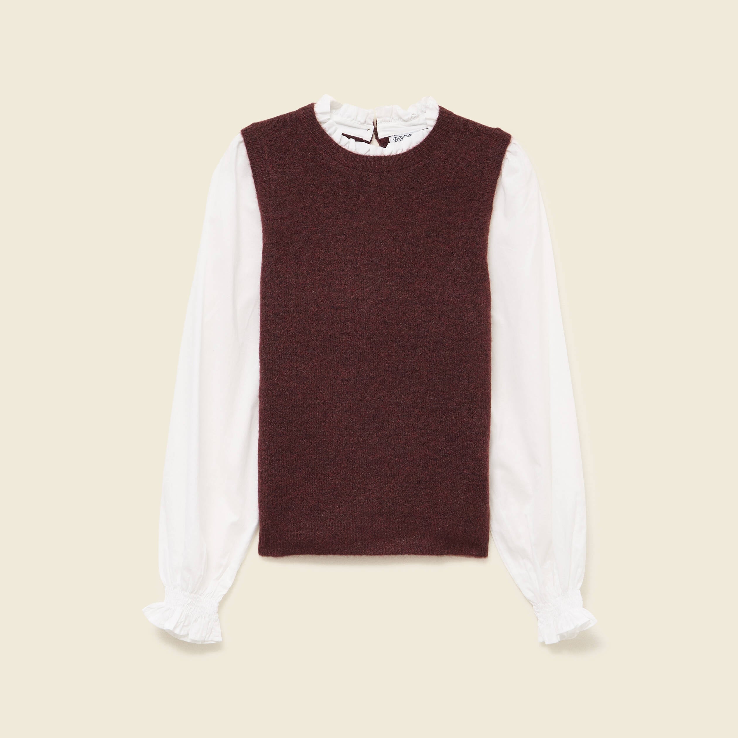 Pull 2 en 1 col rond manches longues marron femme