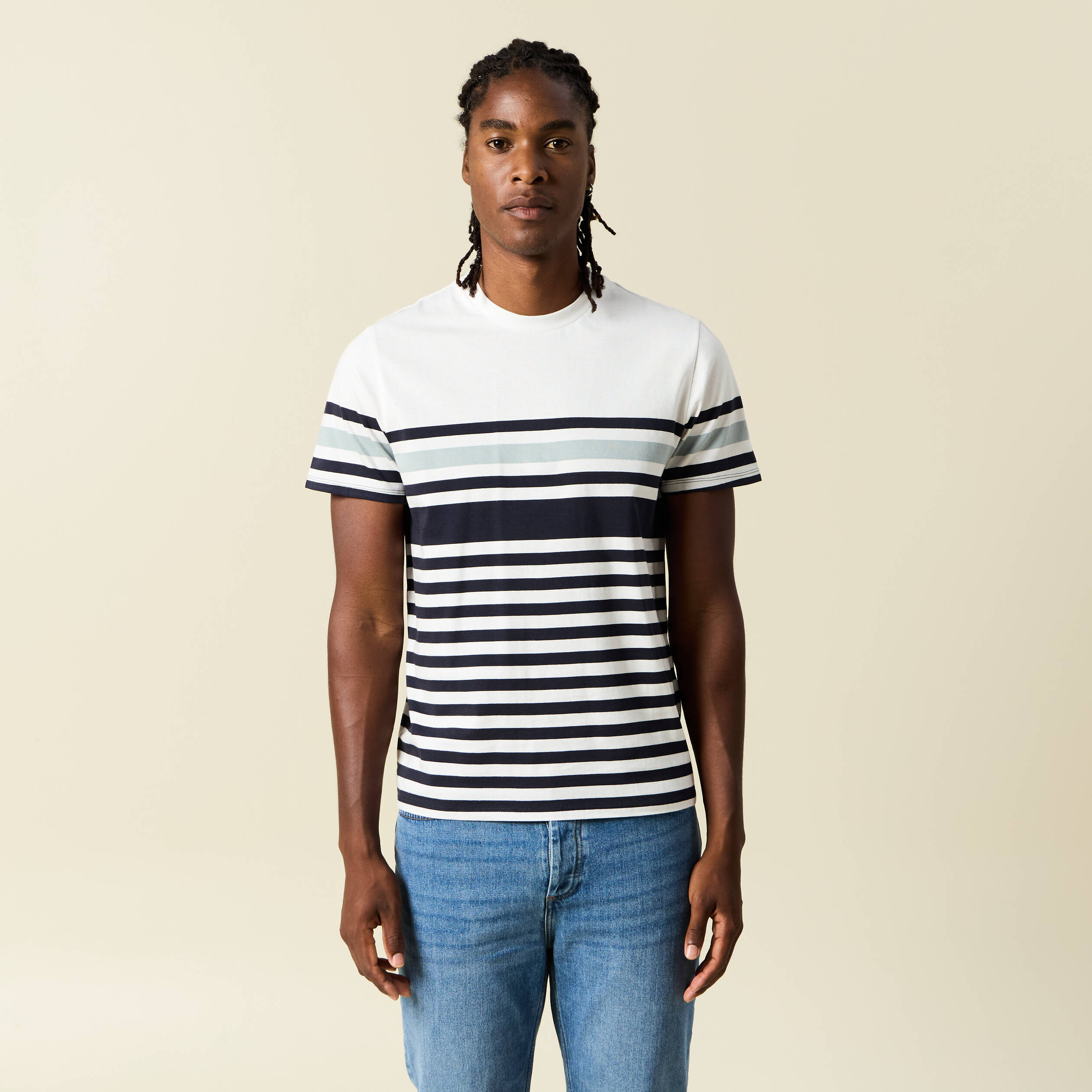 T-shirt ray&eacute; col rond manches courtes bleu marine homme