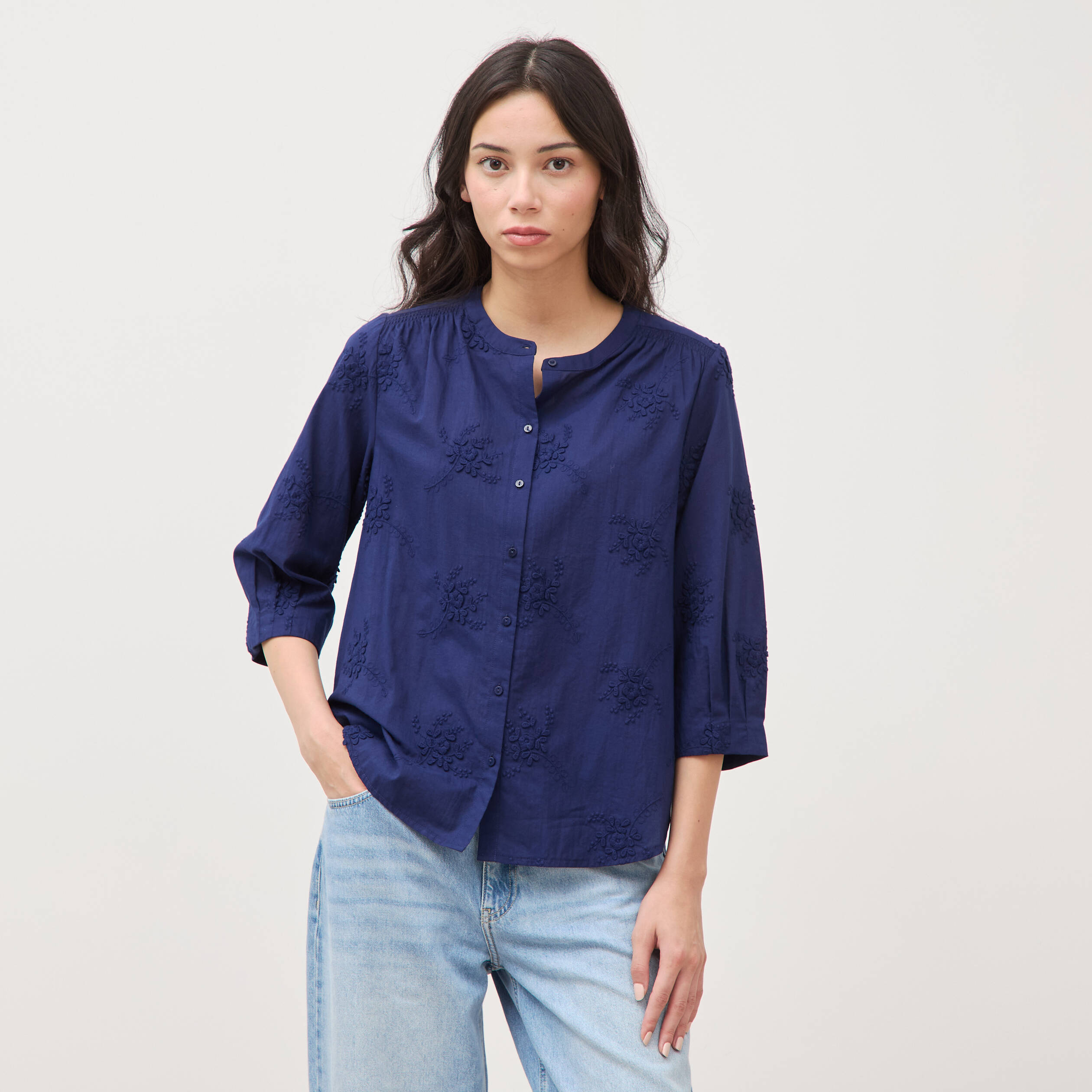 Chemise en coton manches 3/4 bleu marine femme
