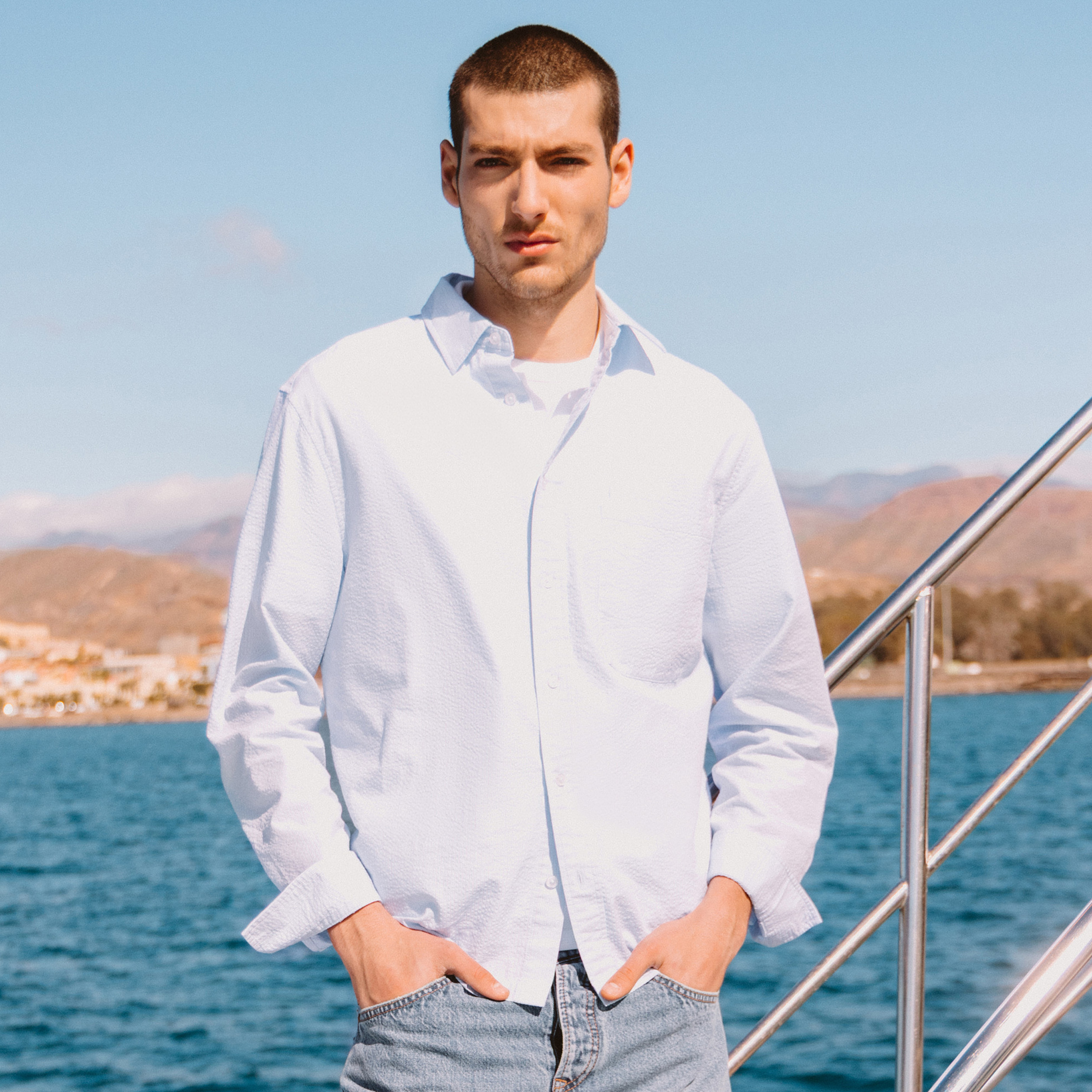 Chemise en coton manches longues bleu ciel homme