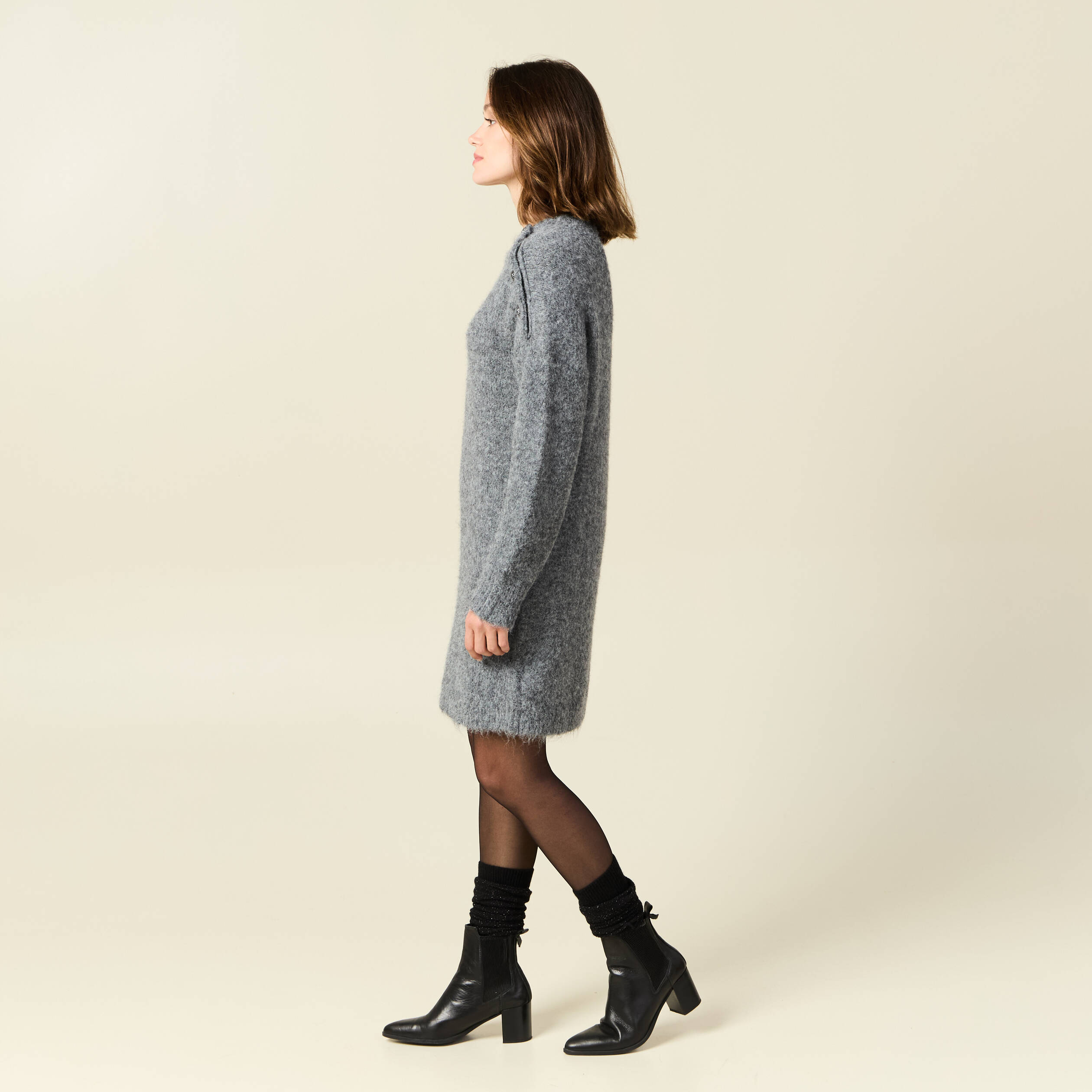 robe pull droite avec boutons gris clair femme Robe pull droite avec boutons gris clair femme