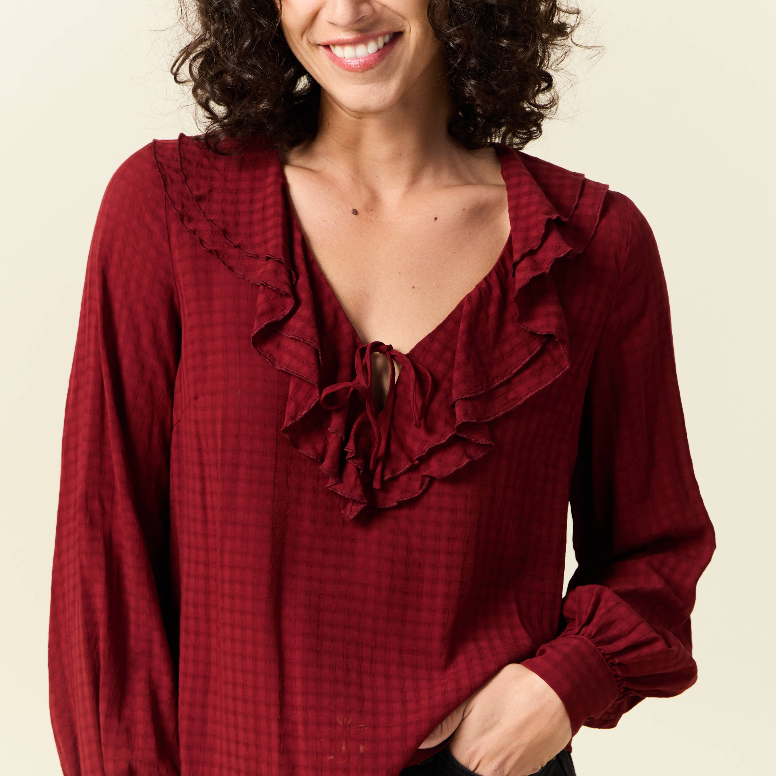 Blouse manches longues rouge fonc&eacute; femme