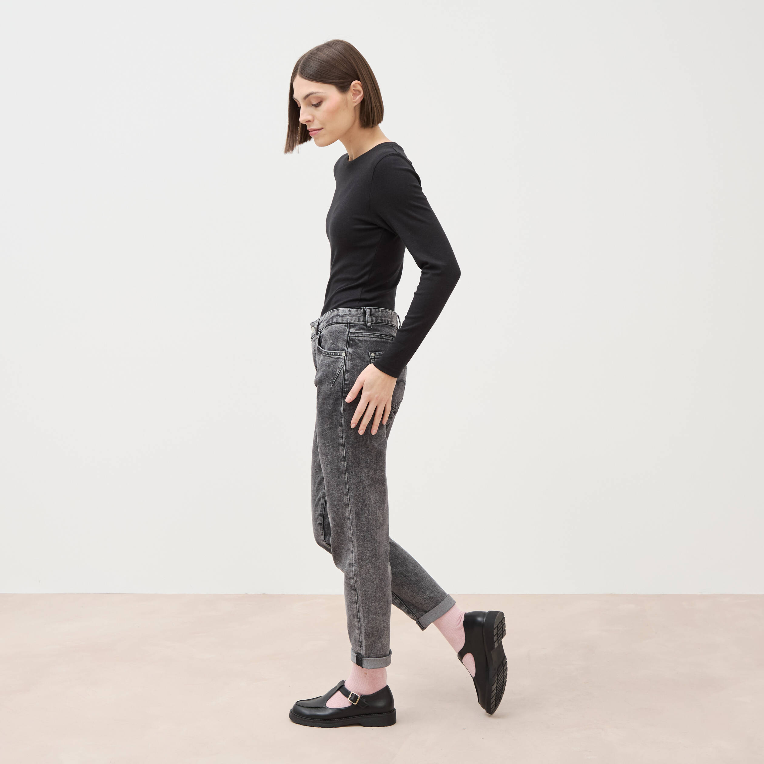 Jeans girlfriend 5 poches denim snow gris femme