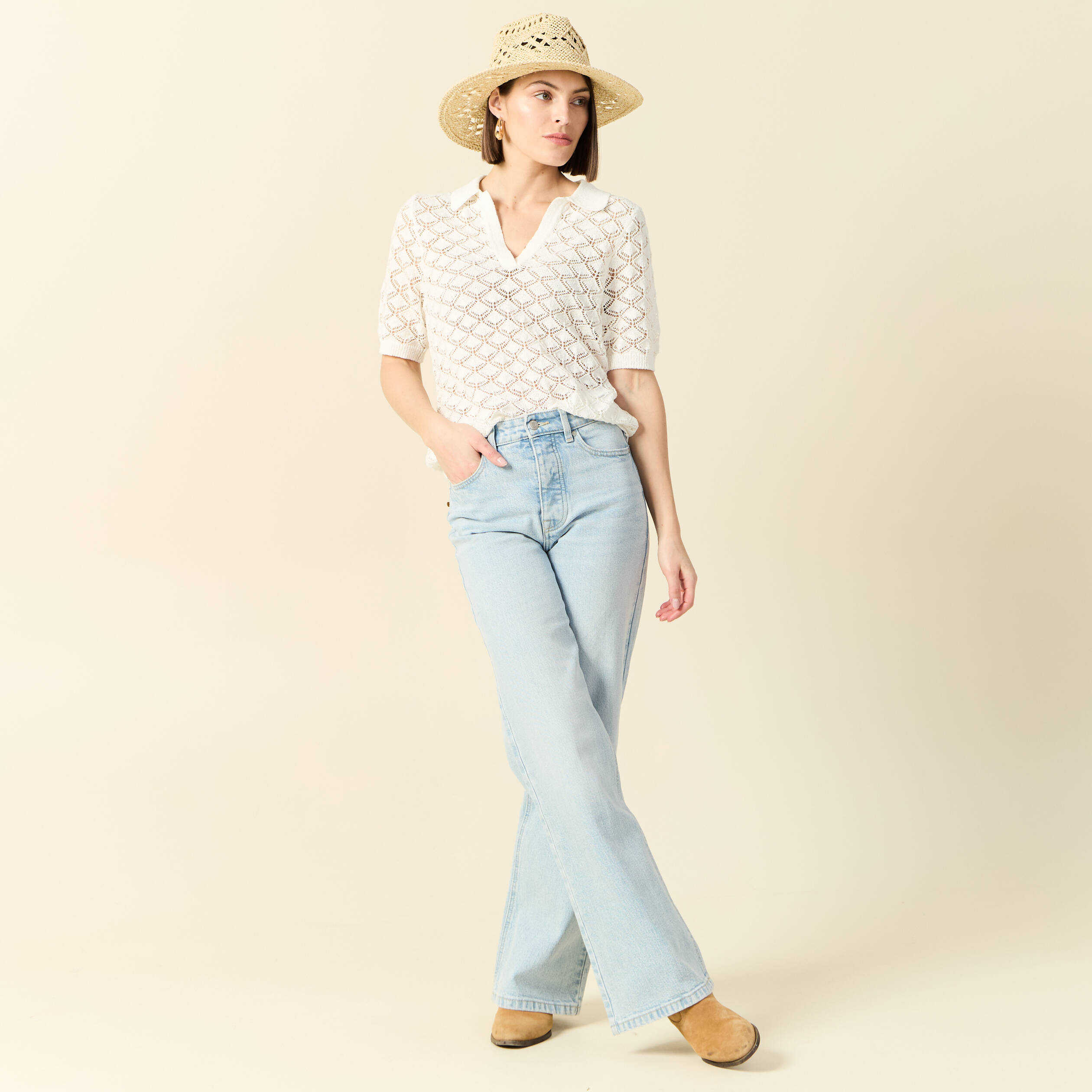 Pull manches courtes ajour&eacute; blanc femme