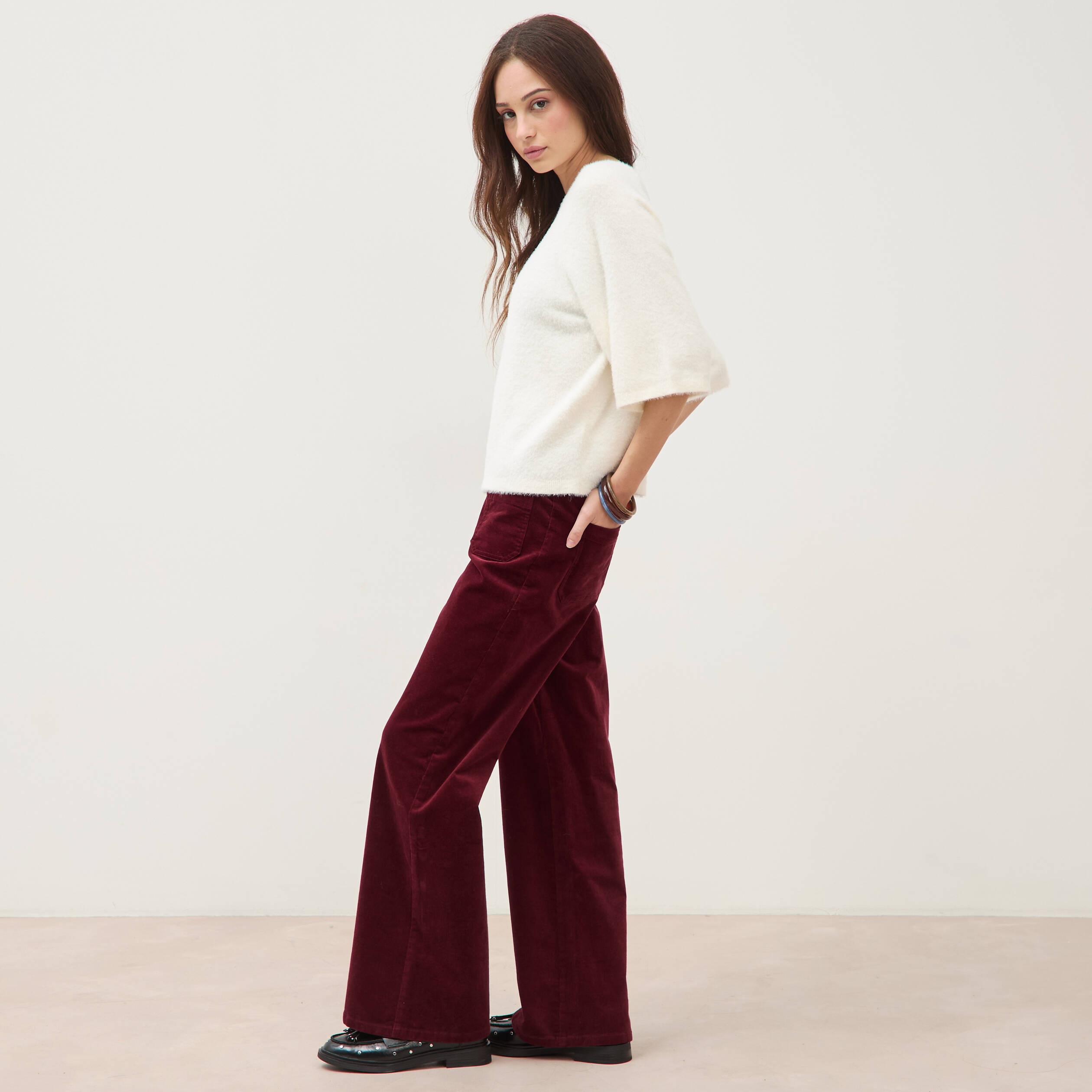 Pull droit manches 3/4 col rond ecru femme