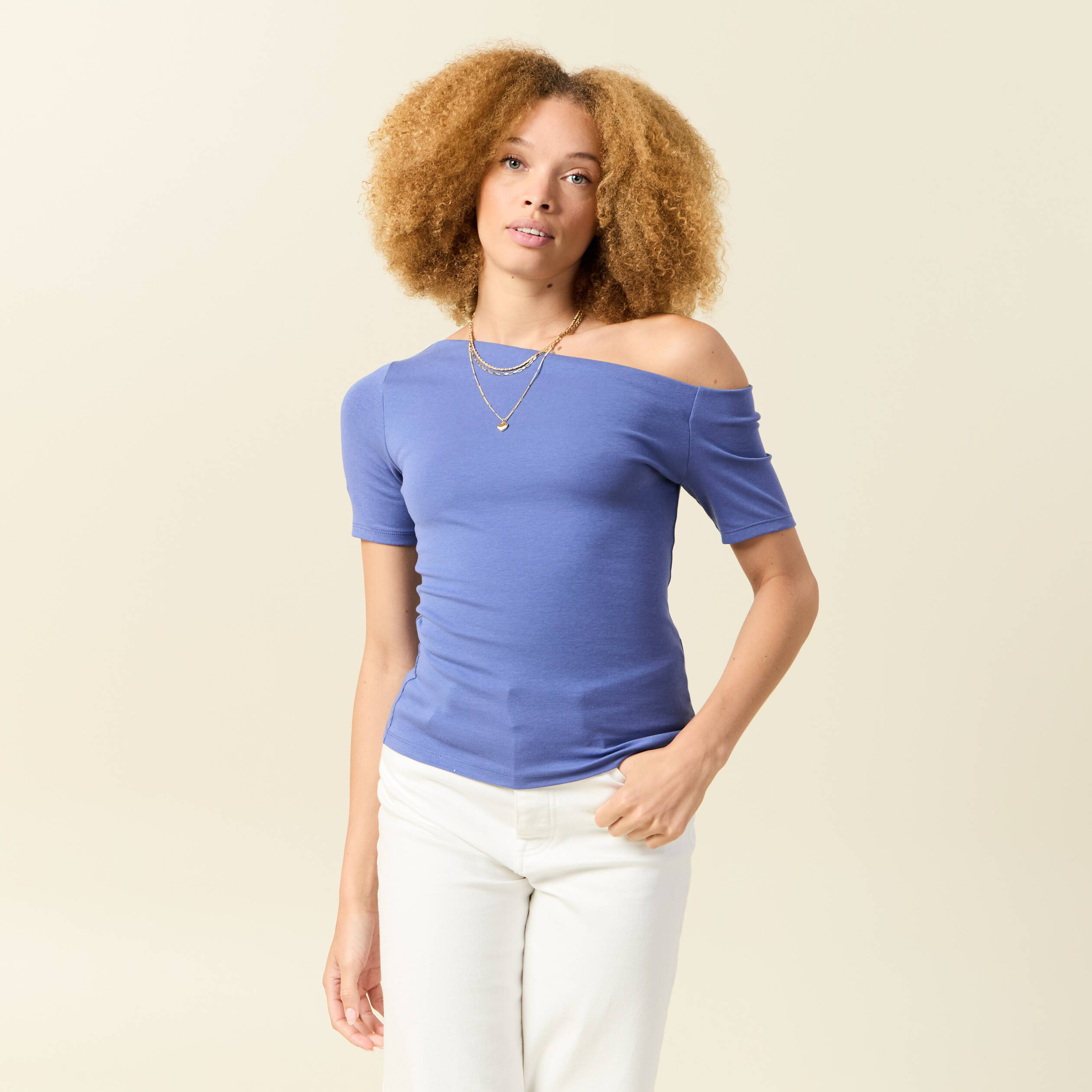 T-shirt asym&eacute;trique manches courtes violet femme