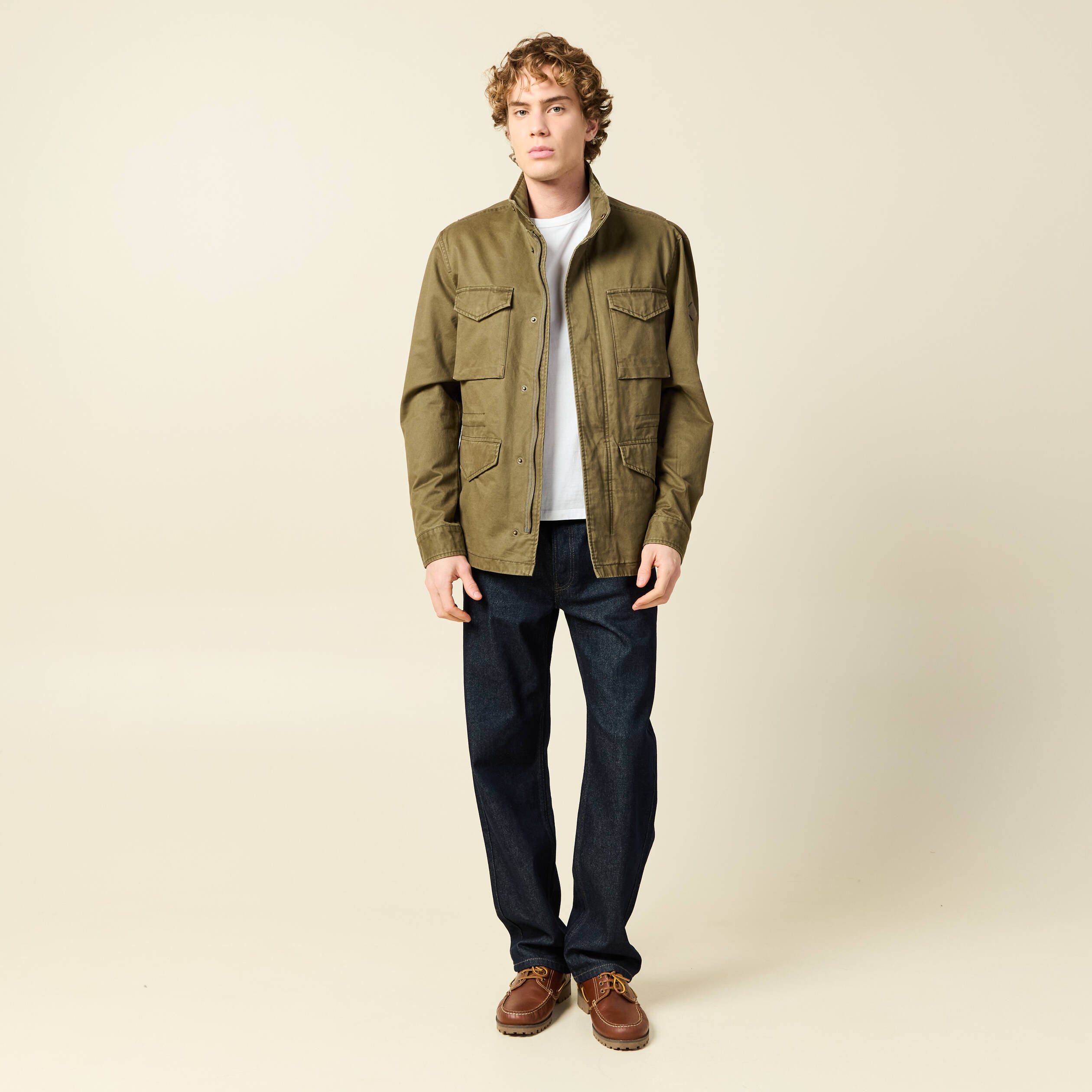 Saharienne col montant manches longues vert kaki homme