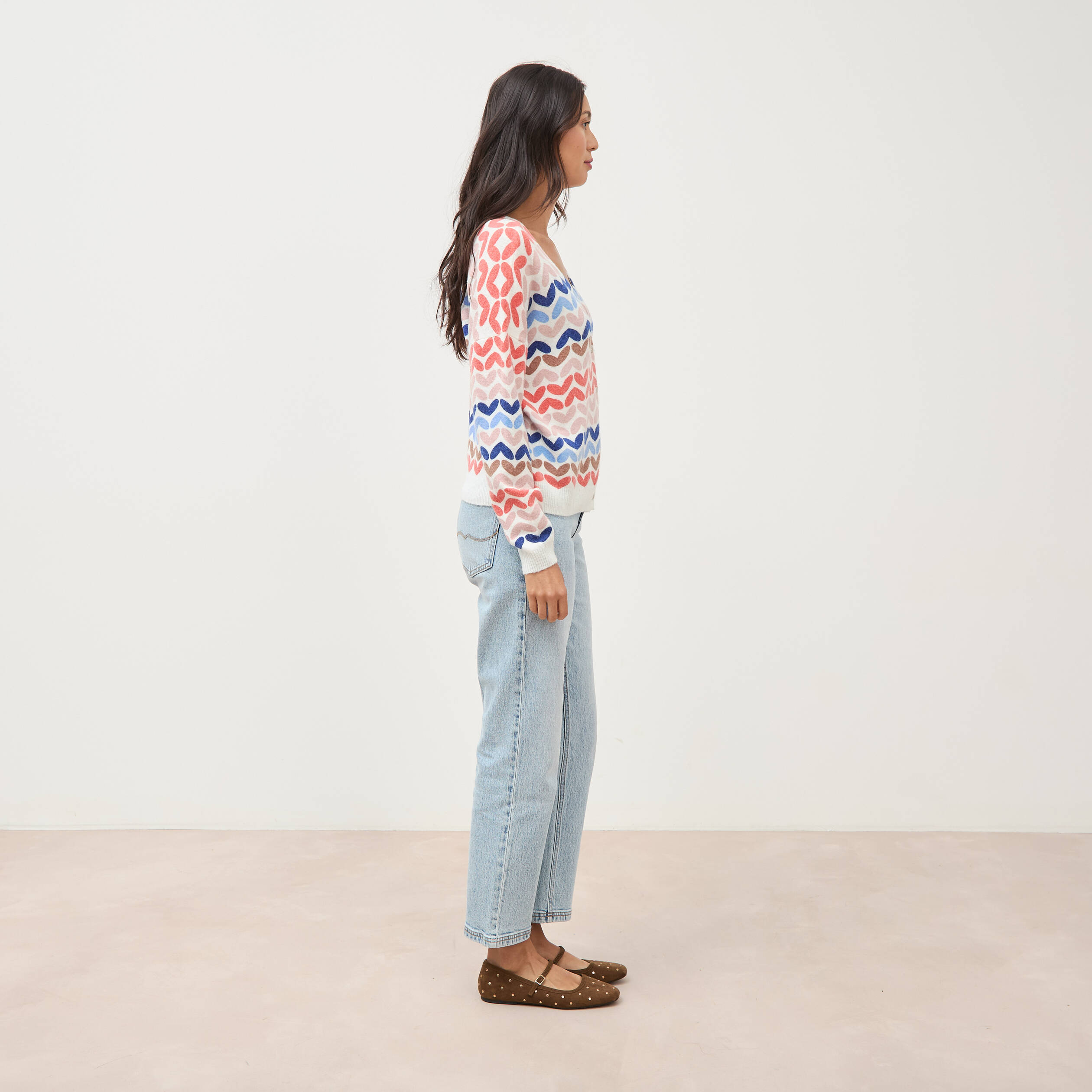 Pull droit col v manches longues multicolore femme