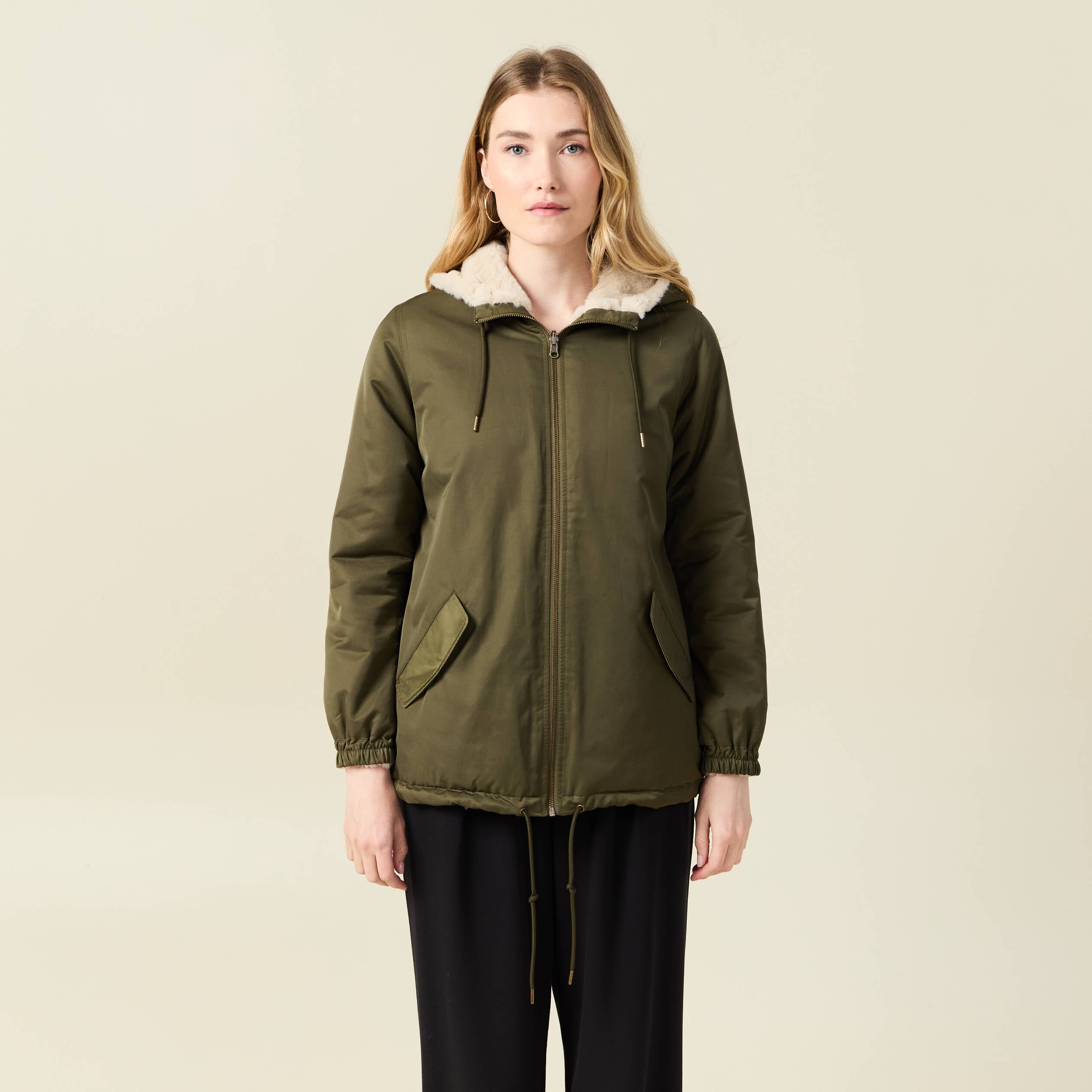 Parka r&eacute;versible vert kaki femme