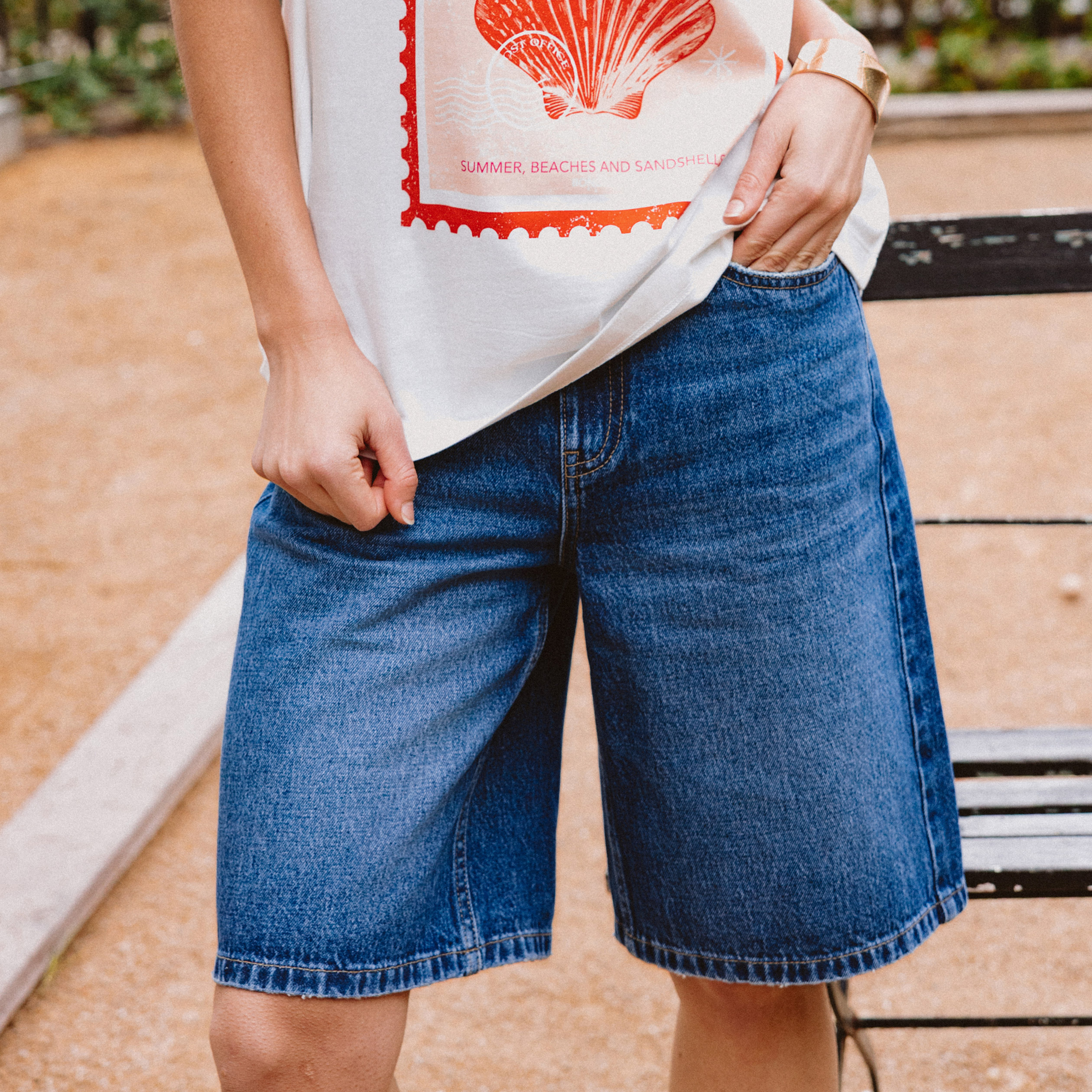 Bermuda large taille haute en coton denim stone femme