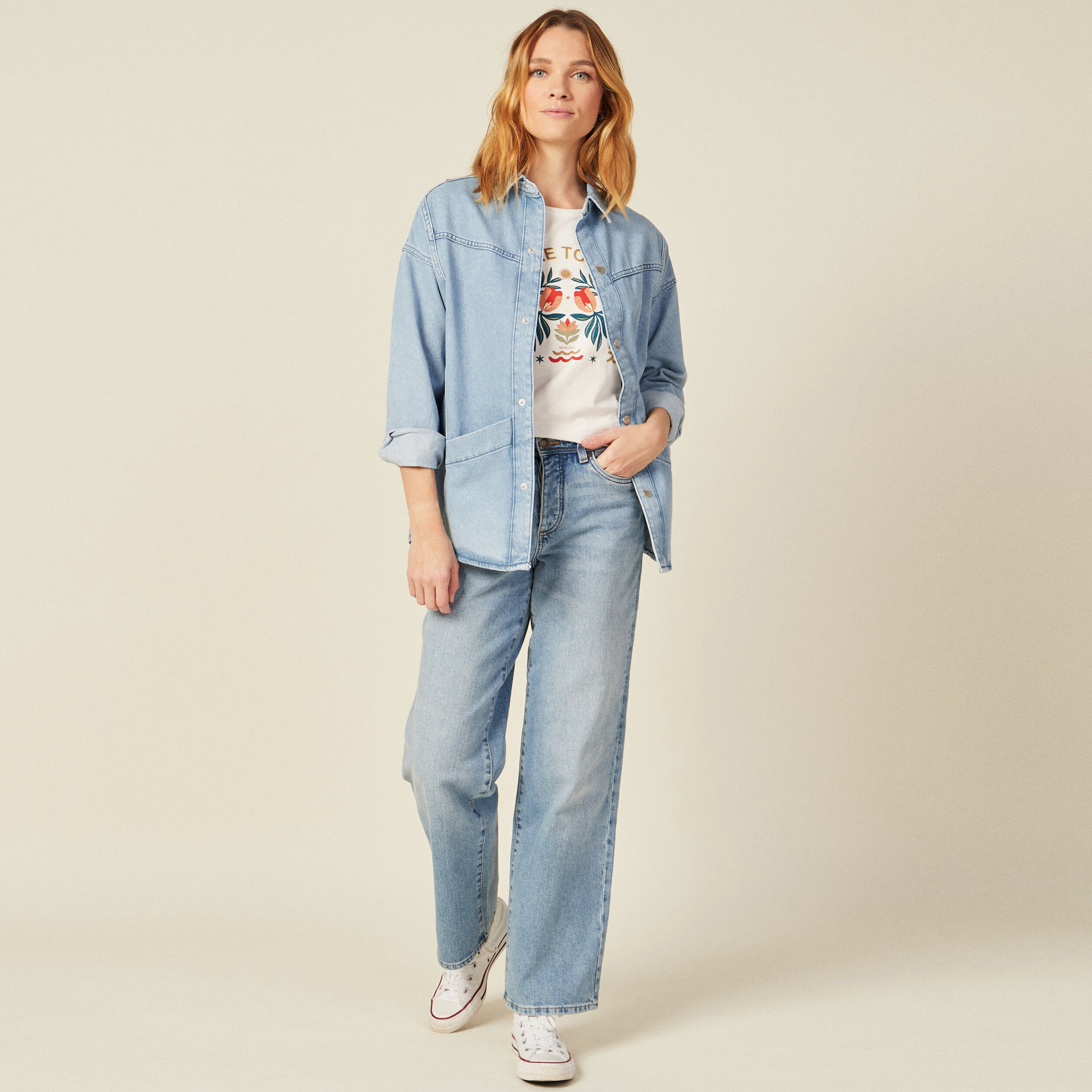 Veste workwear manches 3/4 denim stone femme