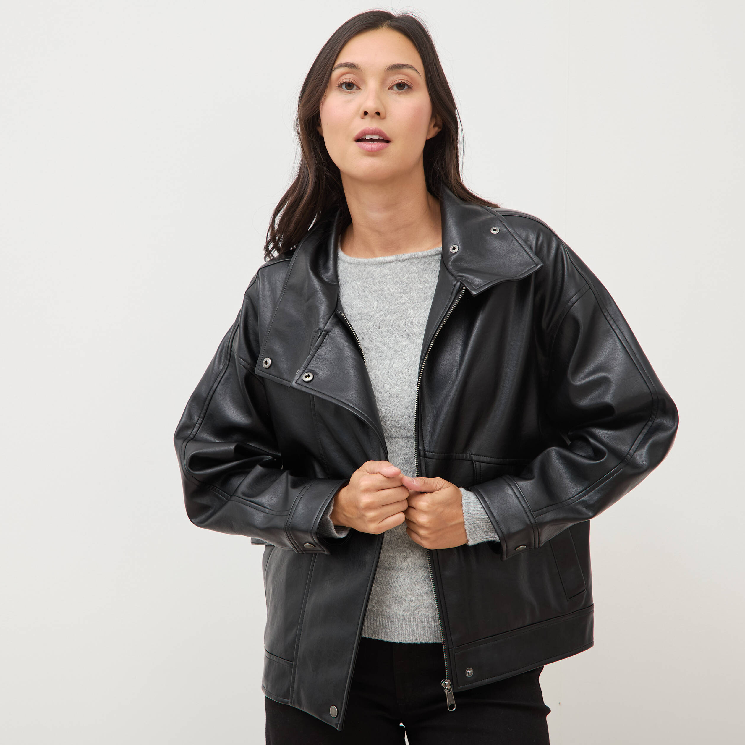 Blouson manches longues similicuir noir femme